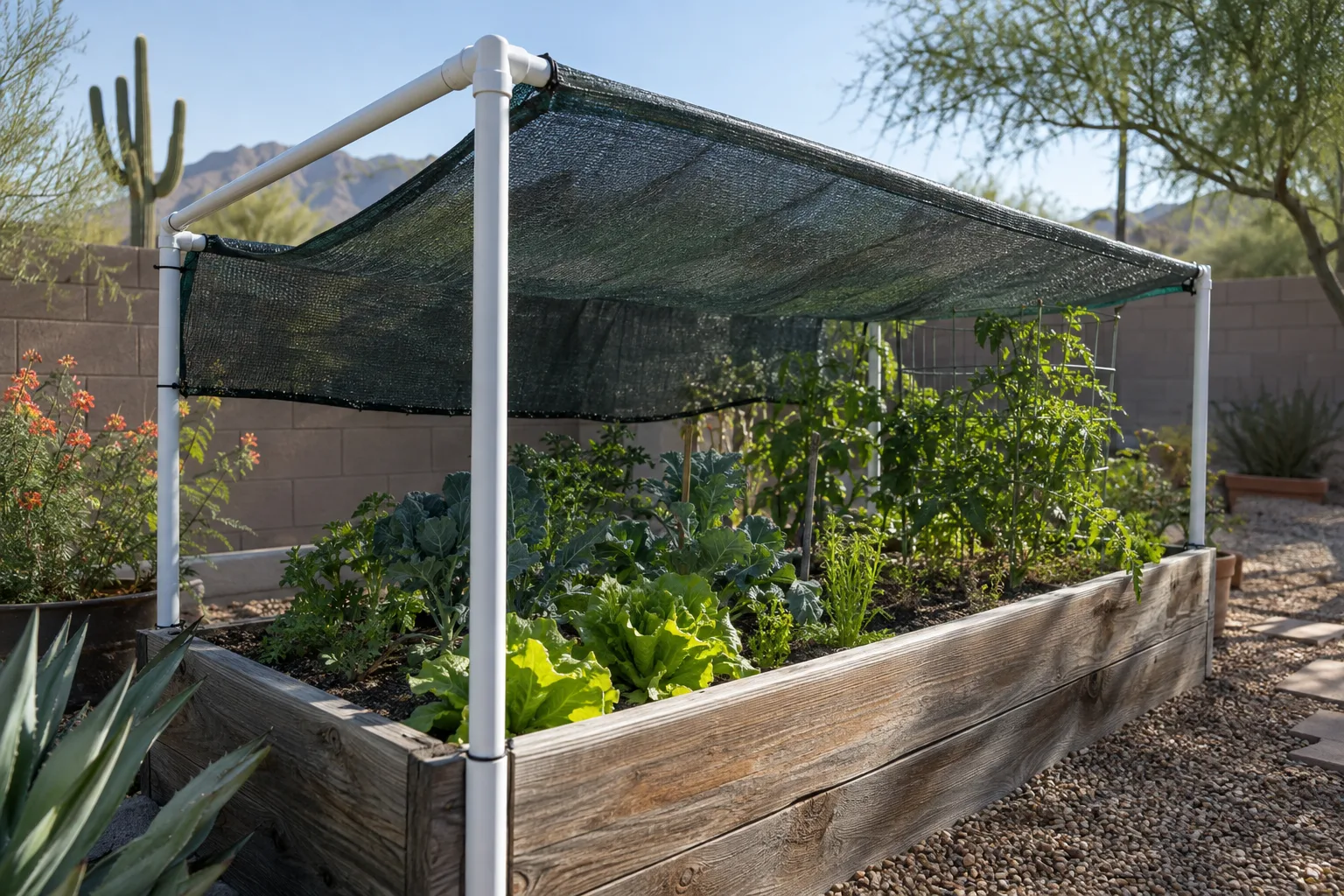 Raised garden bed under a low shade cloth frame with lettuce and herbs in morning light