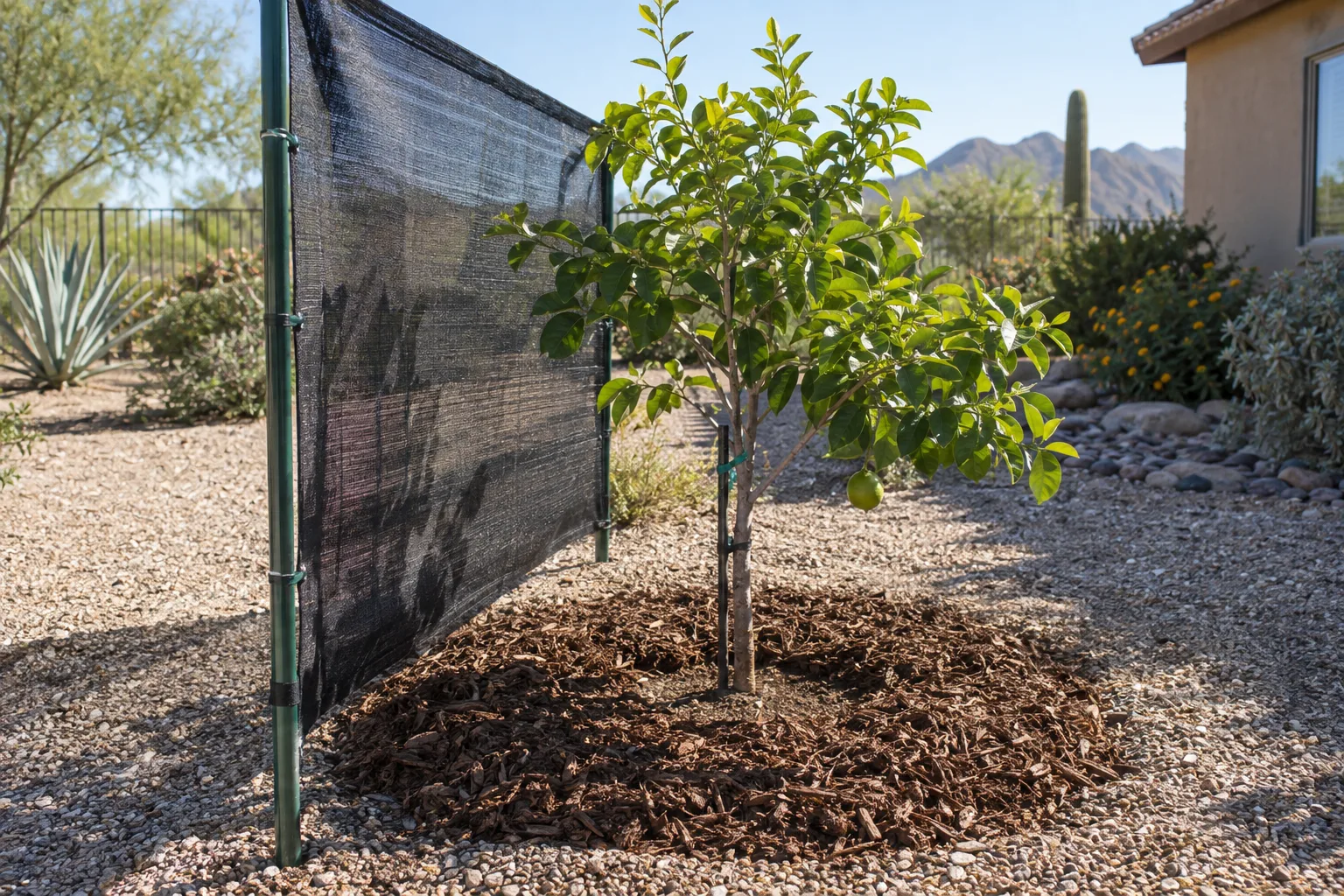 Young fruit tree with shade cloth on its west side and mulch kept clear of trunk