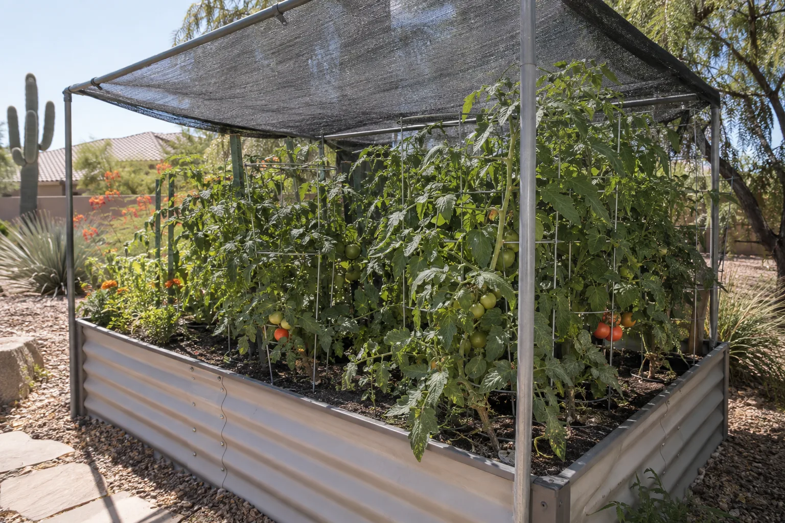Raised bed of tomato plants under shade cloth stretched on a metal frame