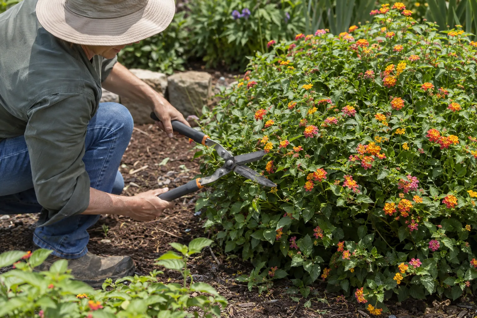 Hedge shears trimming the outer tips of a mounded lantana covered in flowers