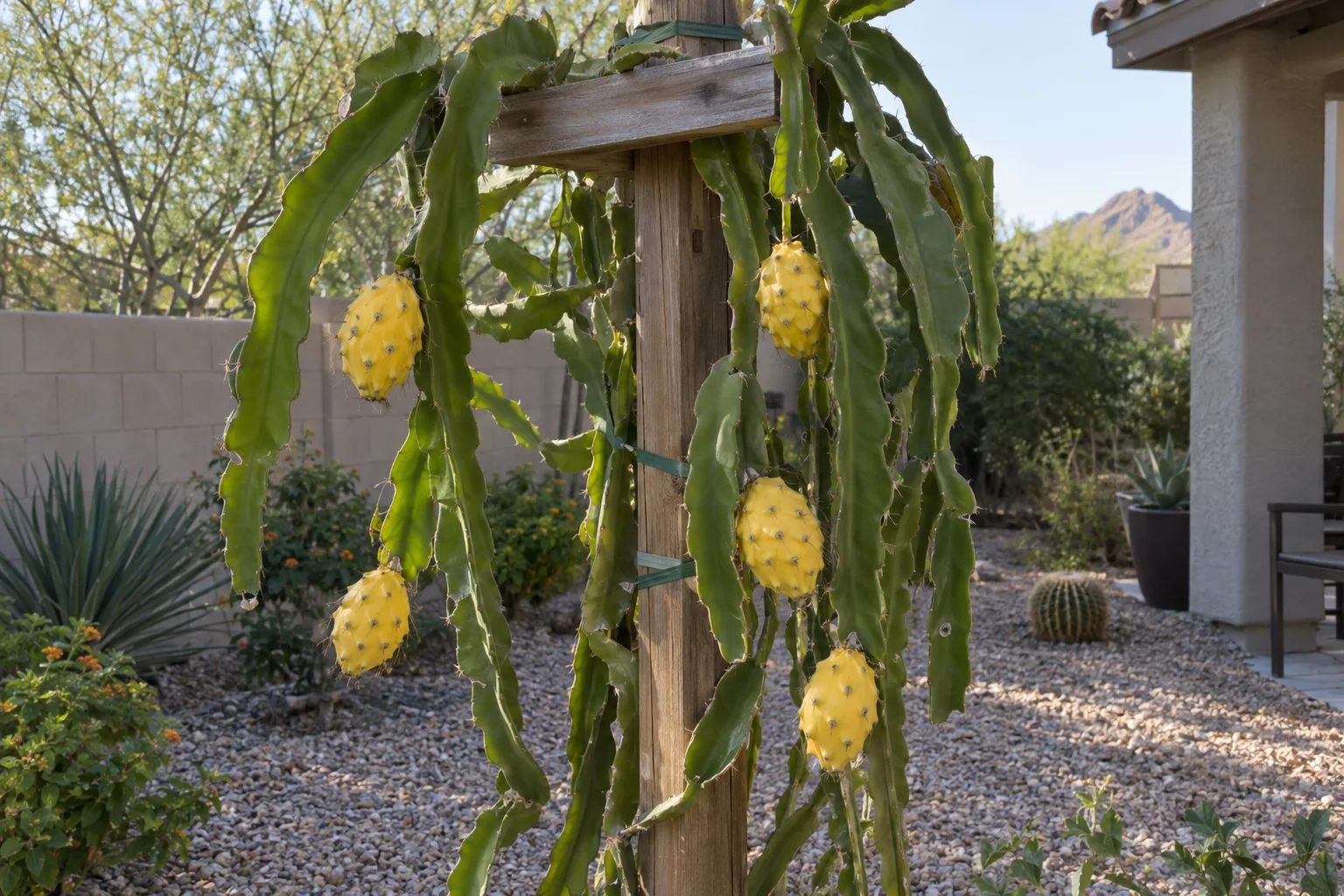 Yellow dragon fruit cactus on a post trellis with slender green stems and knobby bright yellow fruit