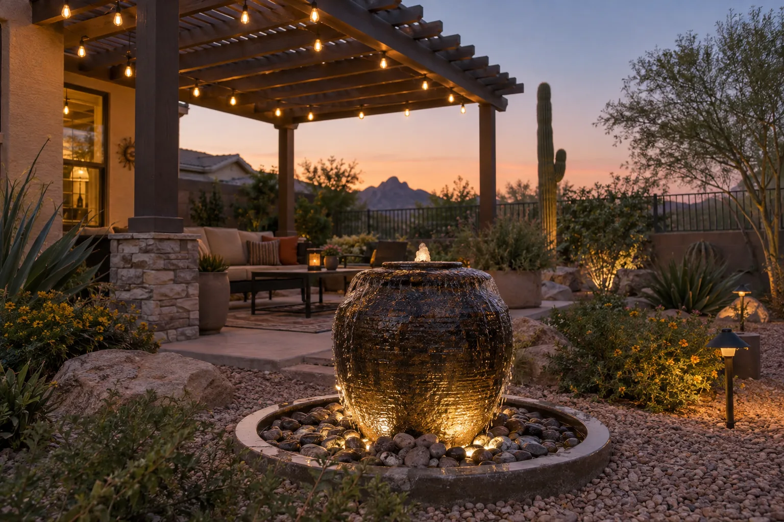Warm string lights over a pergola and a glowing pot fountain at twilight in Queen Creek