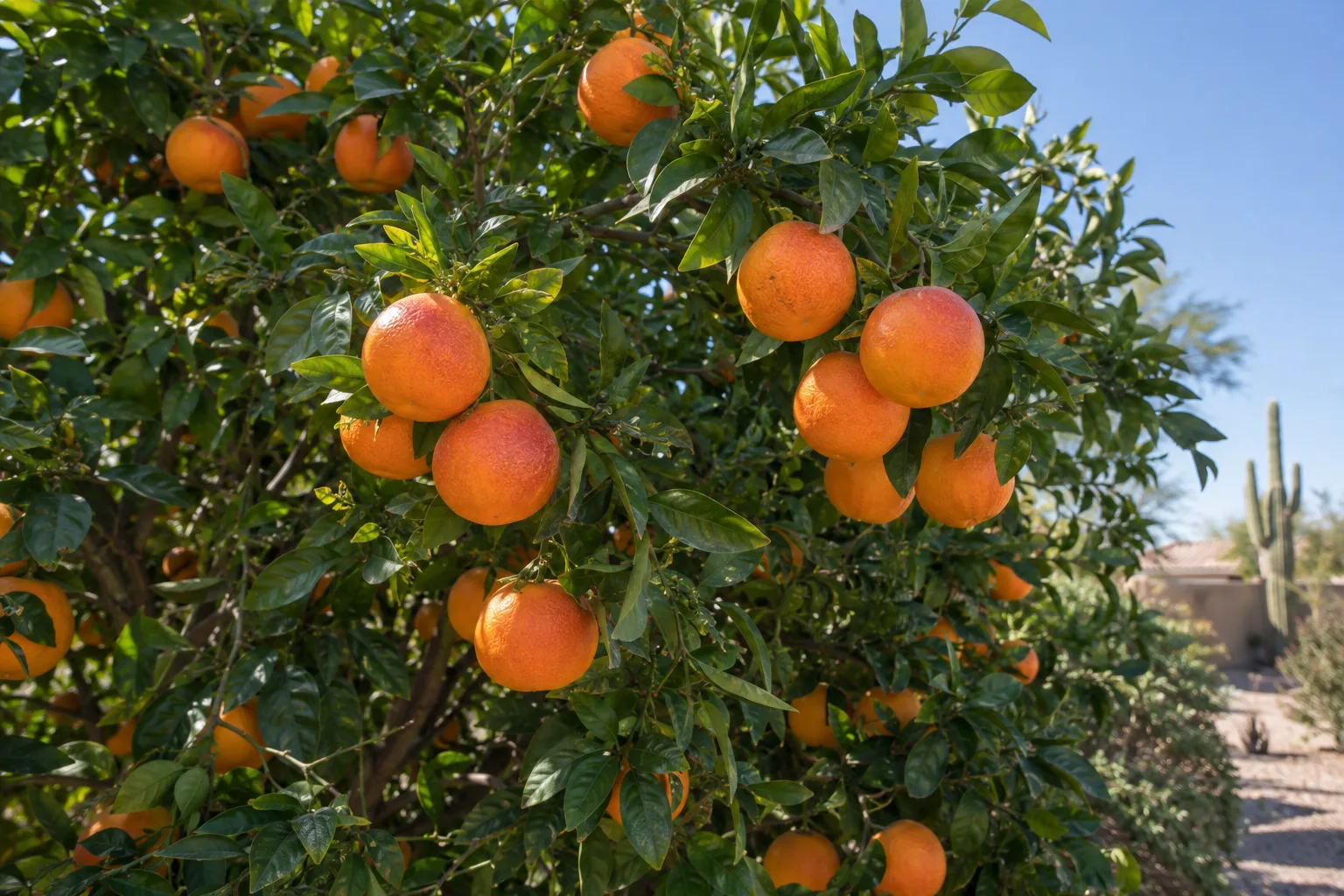 Smith Red orange tree with clusters of smooth ripe oranges, some faintly red-blushed, among glossy leaves