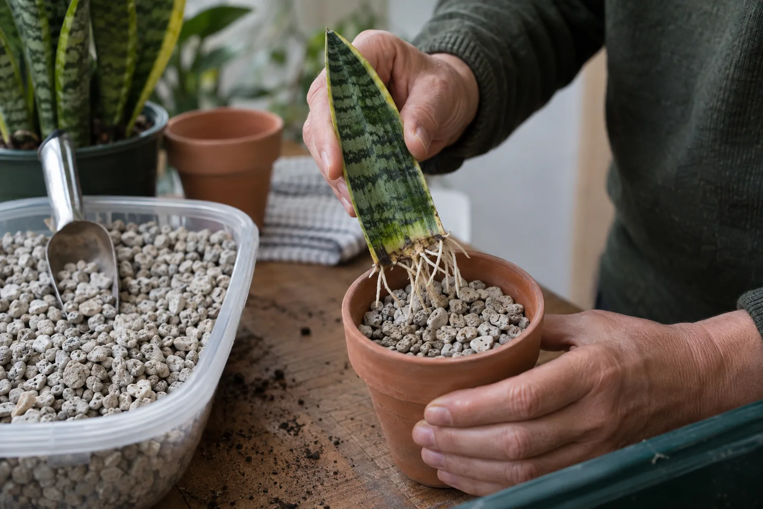 Snake plant cutting with white roots growing in pumice at Desert Horizon Nursery