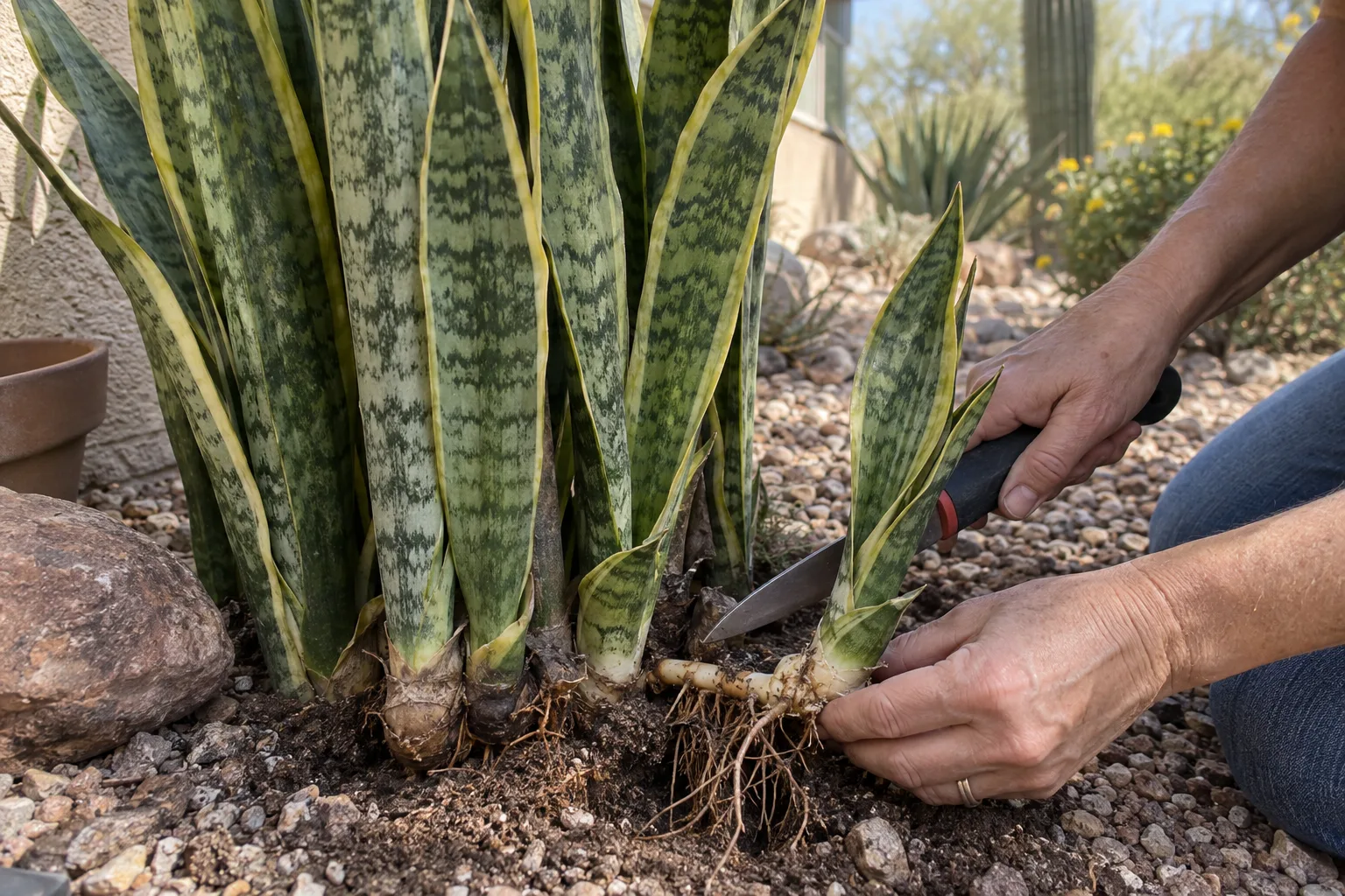 Hands separating a small snake plant pup from the mother plant's rhizome