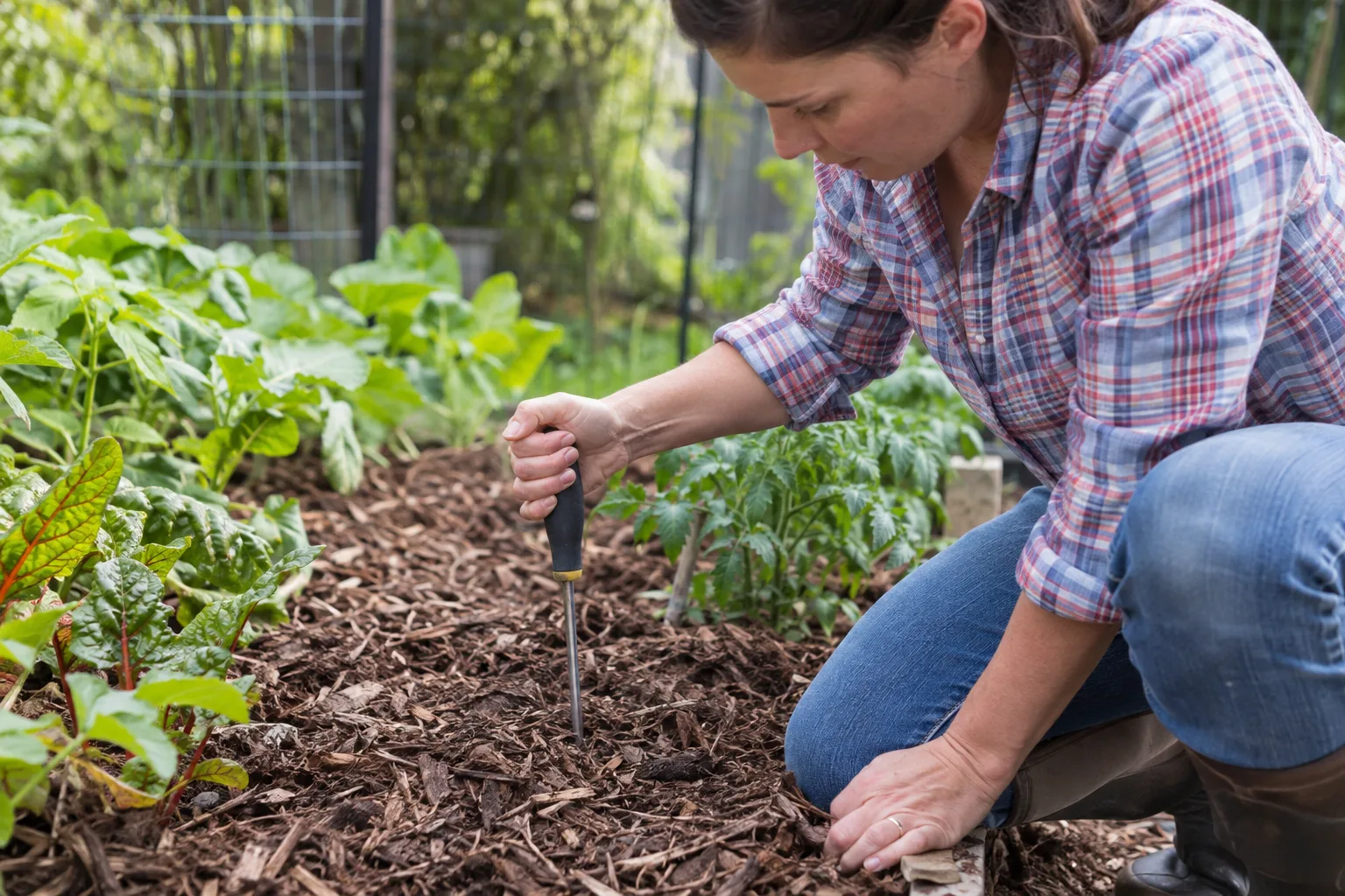 Gardener pushing a screwdriver into a mulched bed to check soil moisture depth