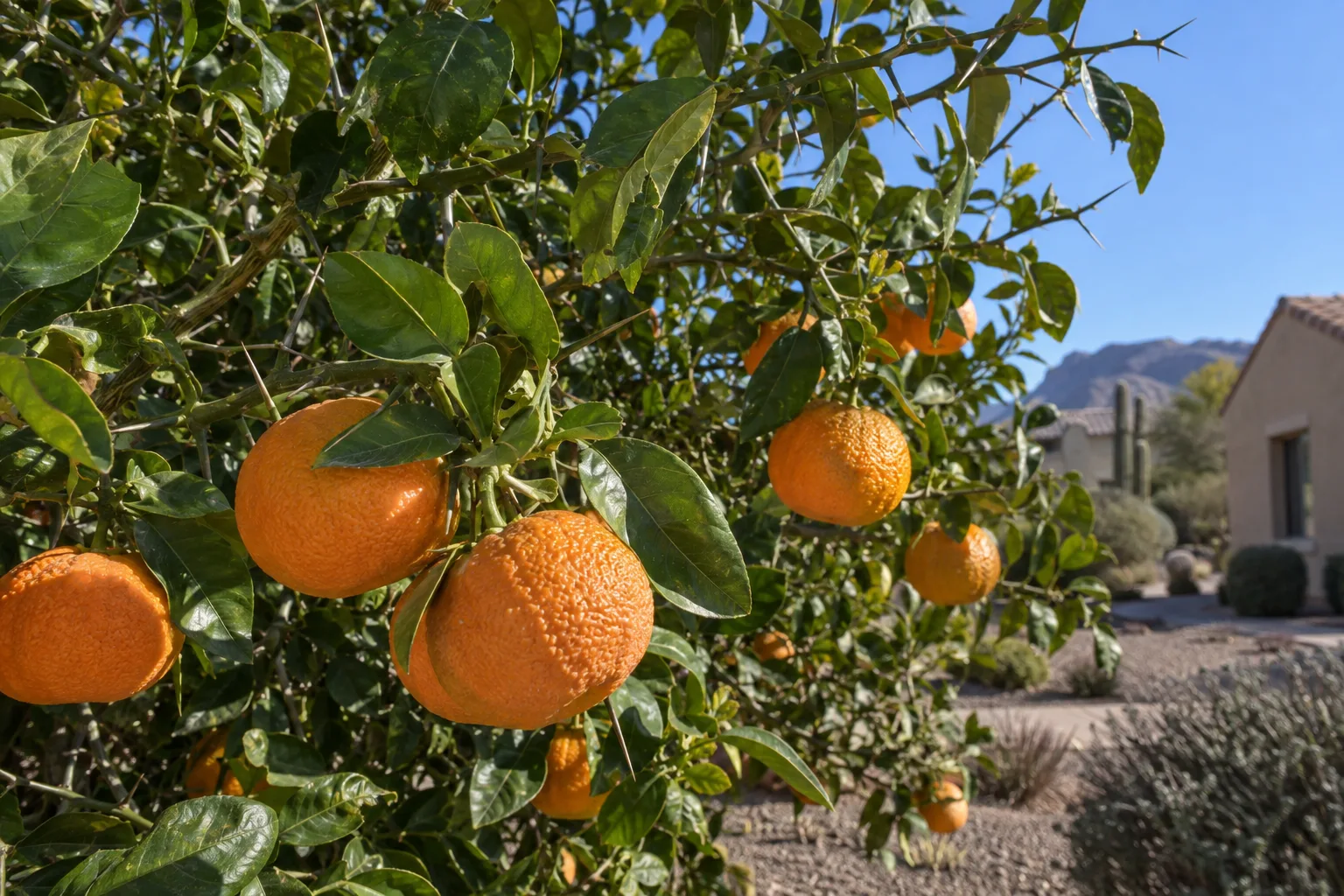 Sour orange tree with thick-skinned pebbly deep orange fruit on thorny branches with dark green leaves