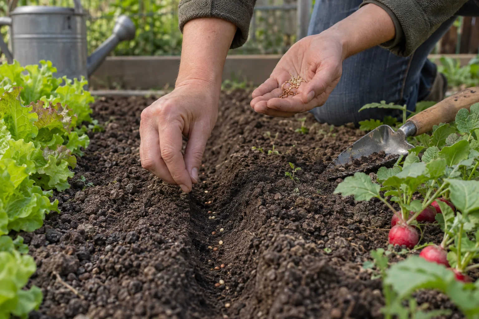 Gardener sowing lettuce and radish seeds into a shallow row in a Queen Creek garden bed