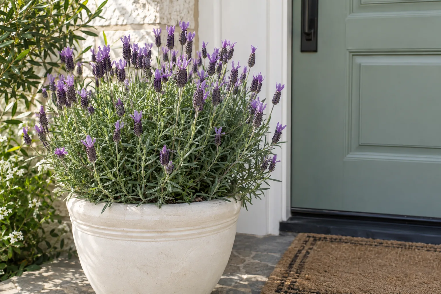 Spanish lavender blooming in a pale pot next to a purple door