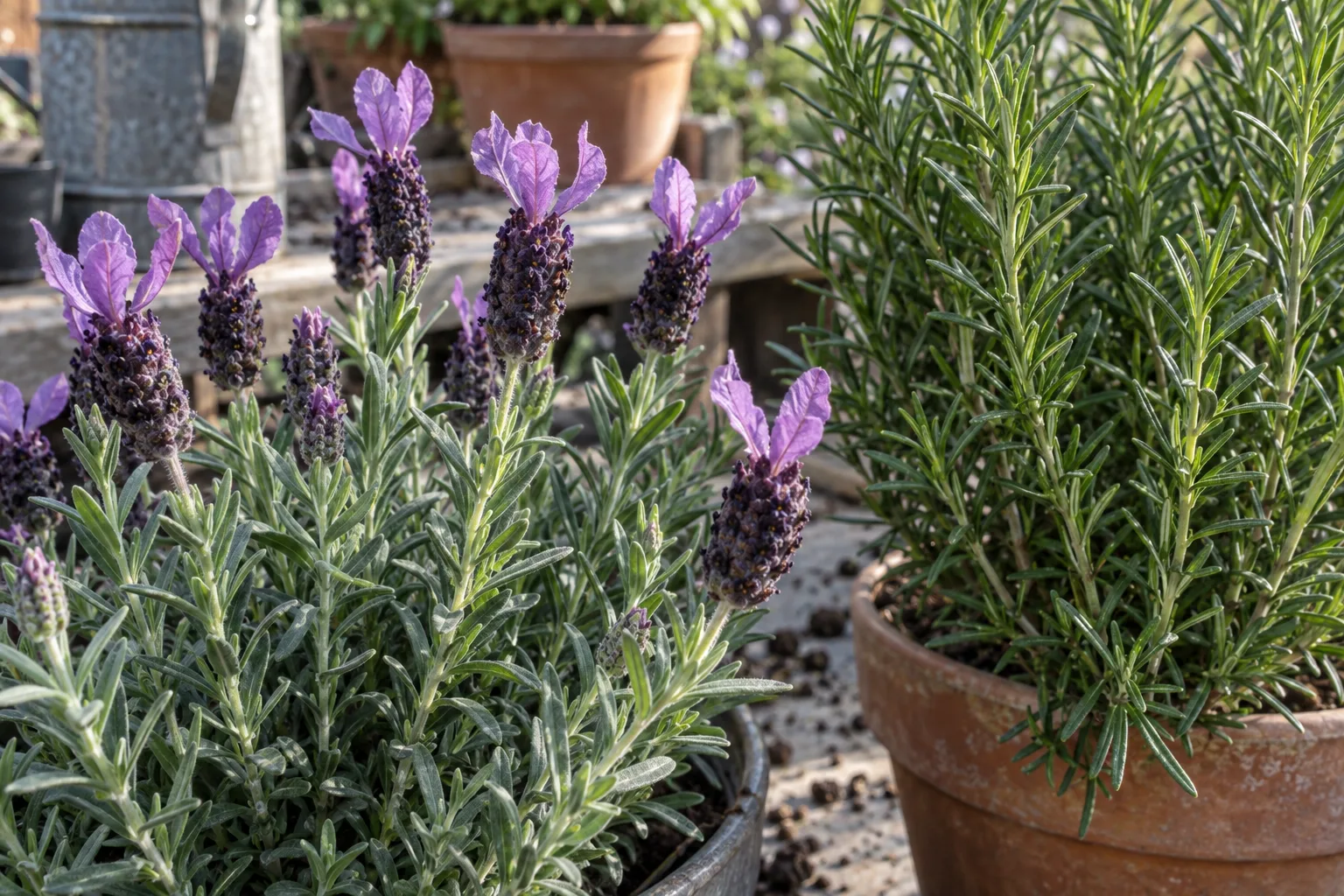 Spanish lavender flower heads and upright rosemary sprigs laid side by side on a bench