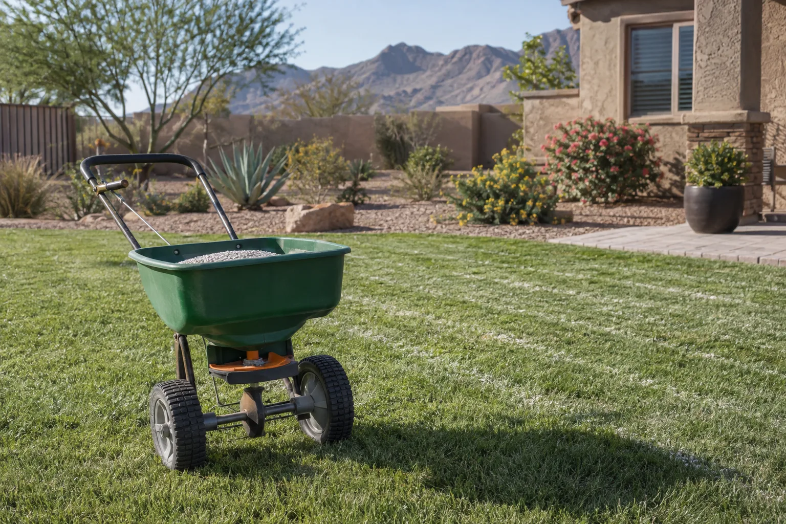 Person pushing a broadcast spreader across a Bermuda lawn in a Queen Creek yard