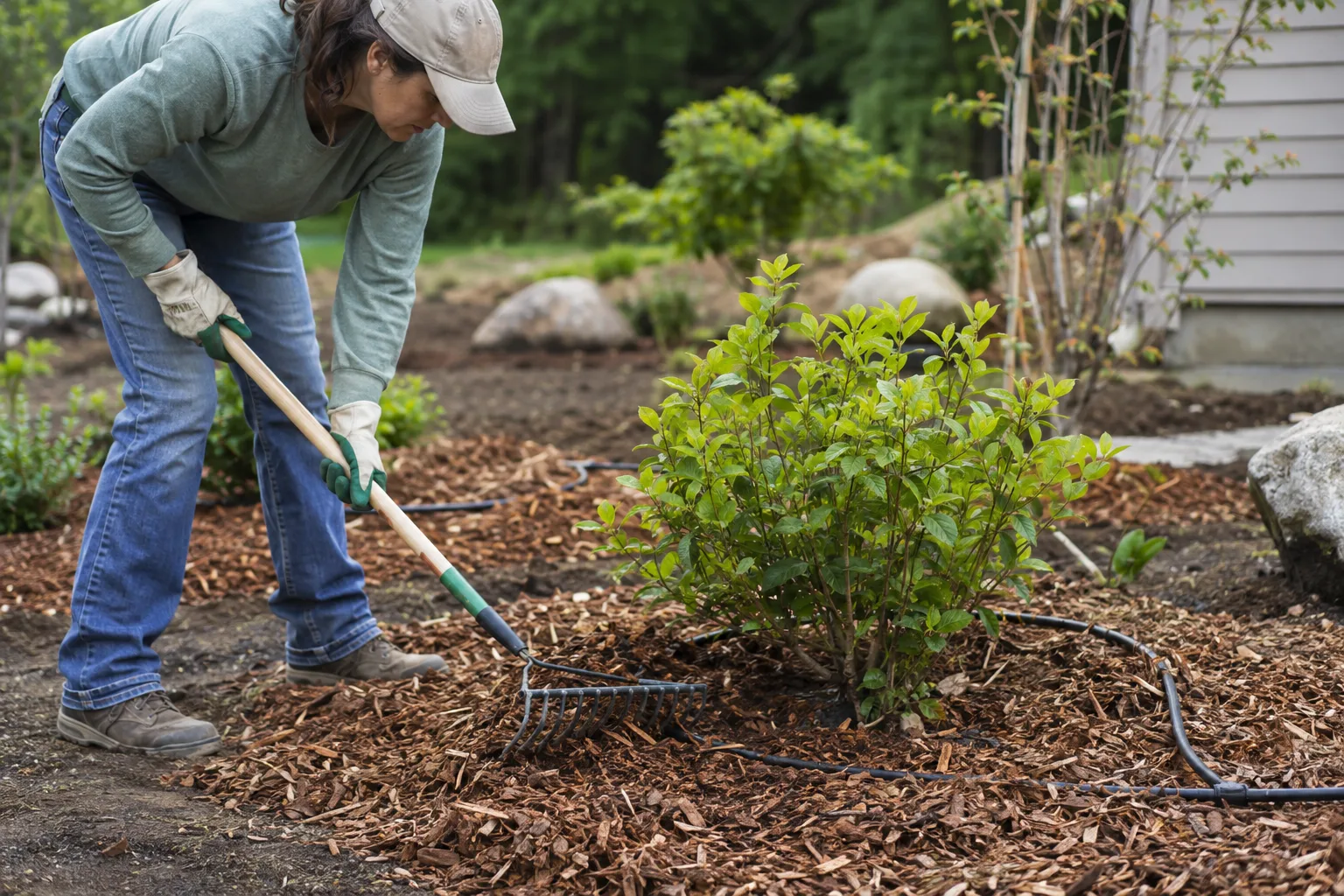 Gardener spreading wood chips around a new shrub in Queen Creek with drip tubing nearby
