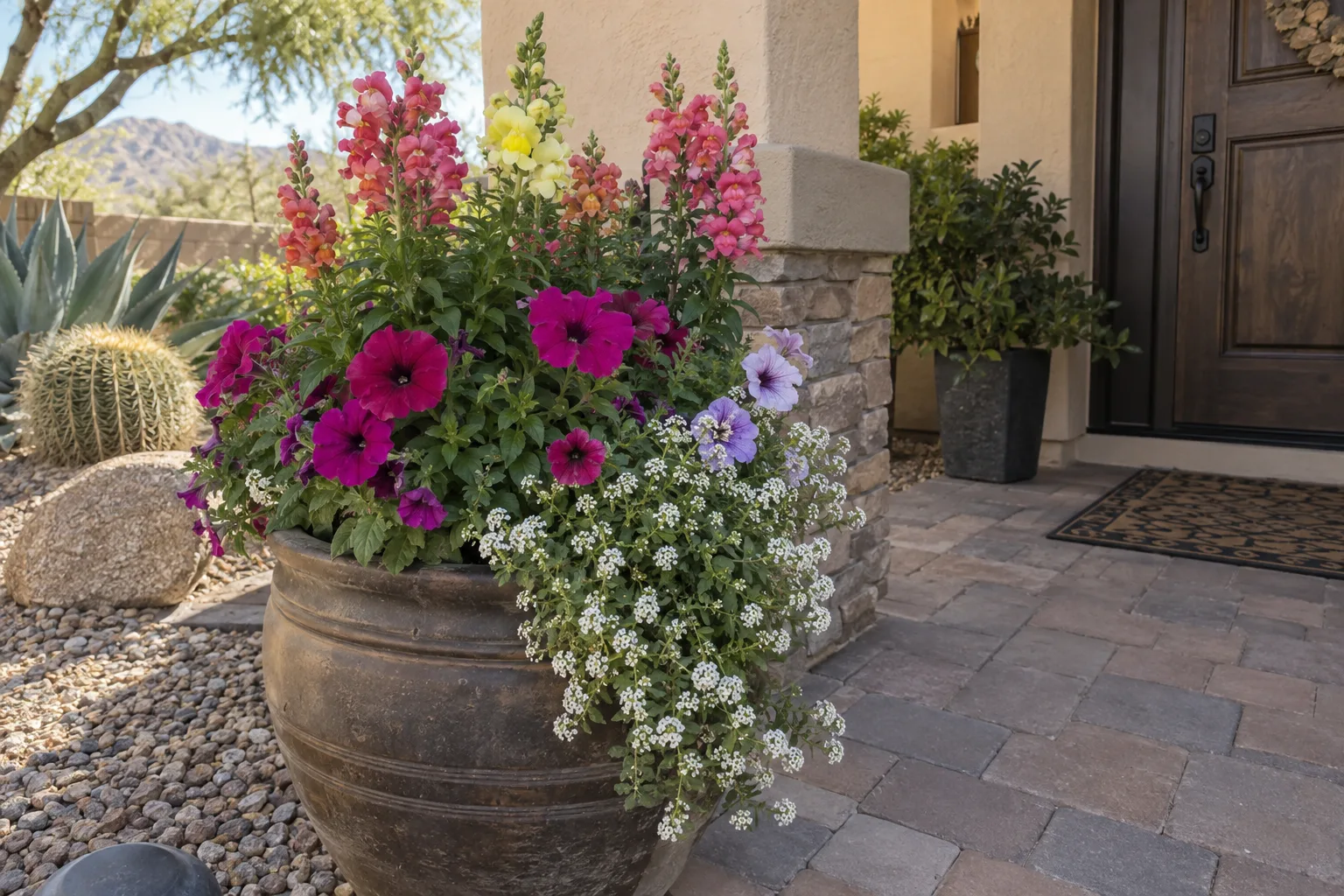 Pot of blooming snapdragons, alyssum and petunias beside a stucco entry in Queen Creek