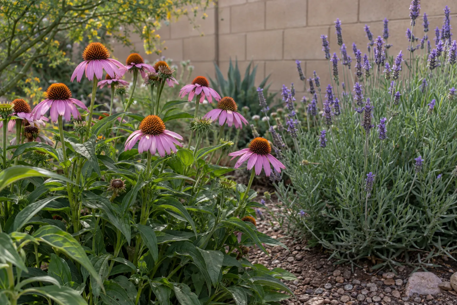 Spring perennials blooming in a bed beside a block wall before summer heat arrives