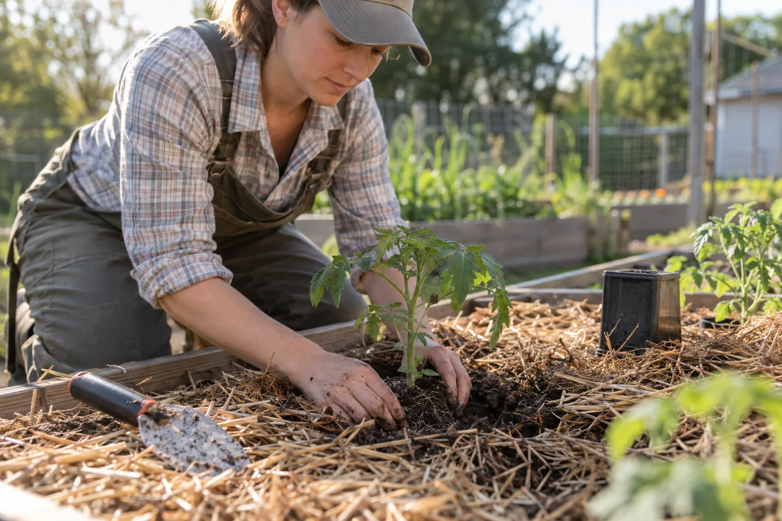 Gardener planting a young tomato transplant into a mulched raised bed in morning light