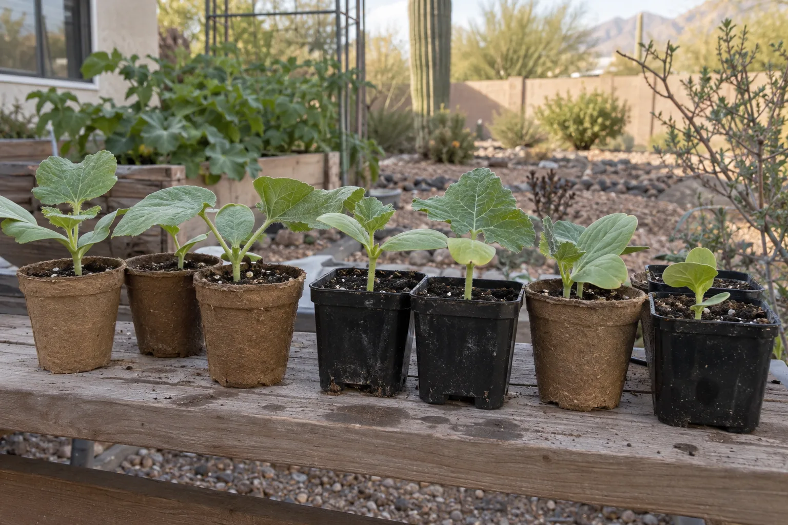 Squash and melon seedlings growing in individual starter pots in Queen Creek