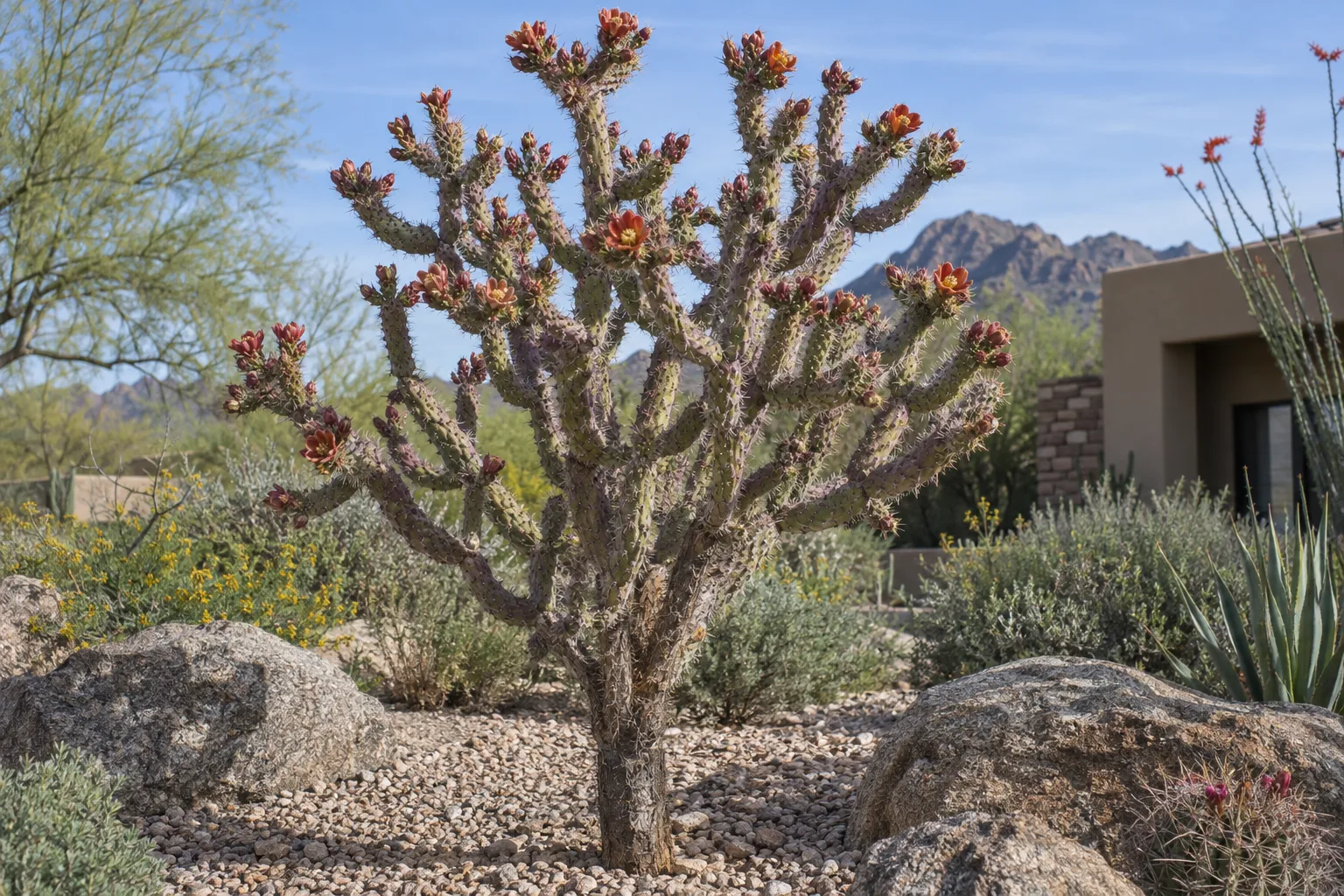 Staghorn cholla with slender antler-like jointed stems and bronze-red flowers among boulders