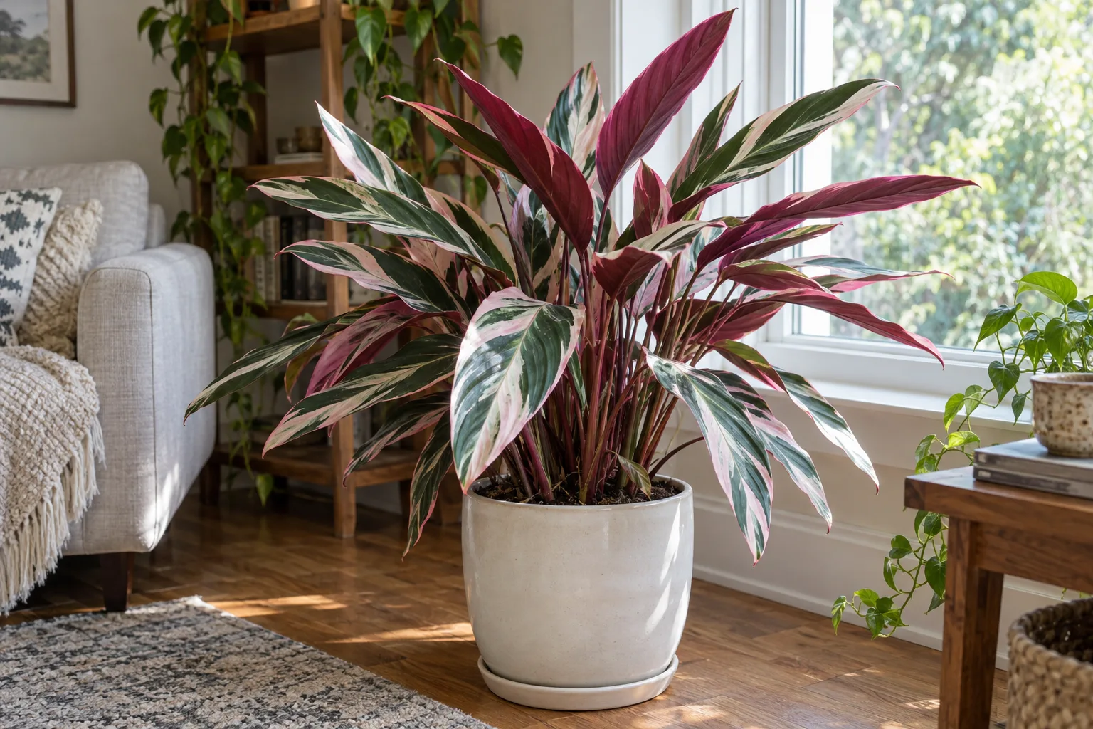 Stromanthe Triostar with green, cream and pink variegated leaves and burgundy undersides