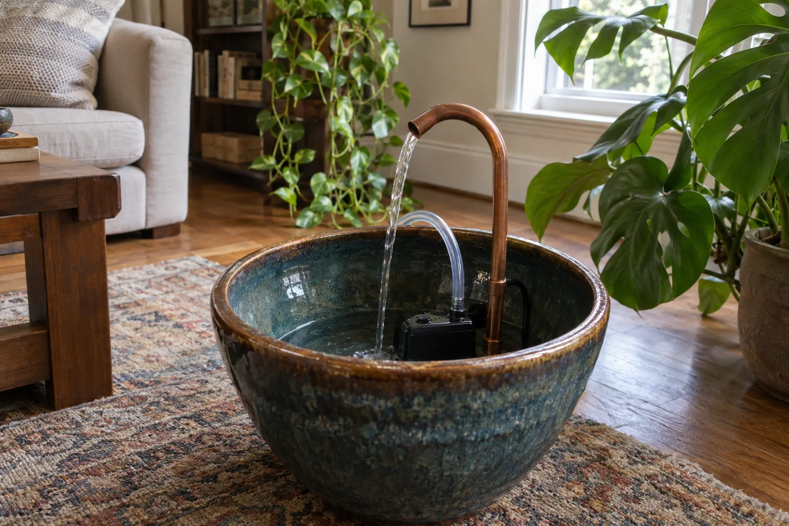Submersible pump and clear tubing inside an empty glazed pot before filling with water