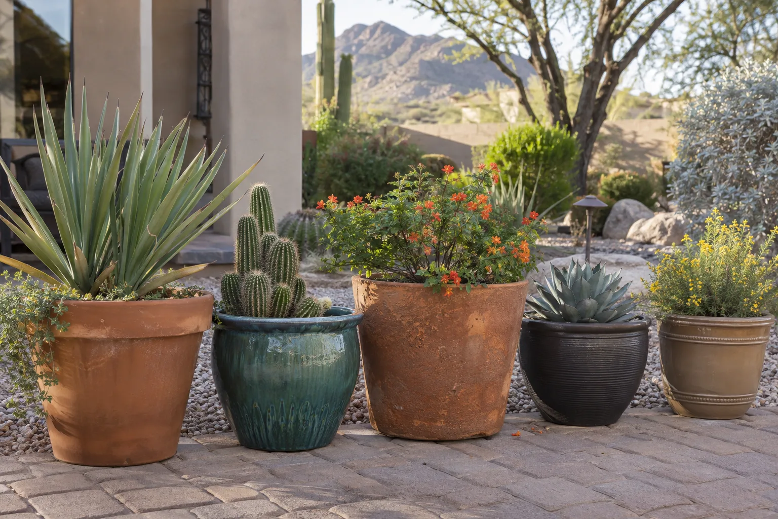 Terra cotta, glazed ceramic and resin planters lined up to compare materials at Desert Horizon Nursery
