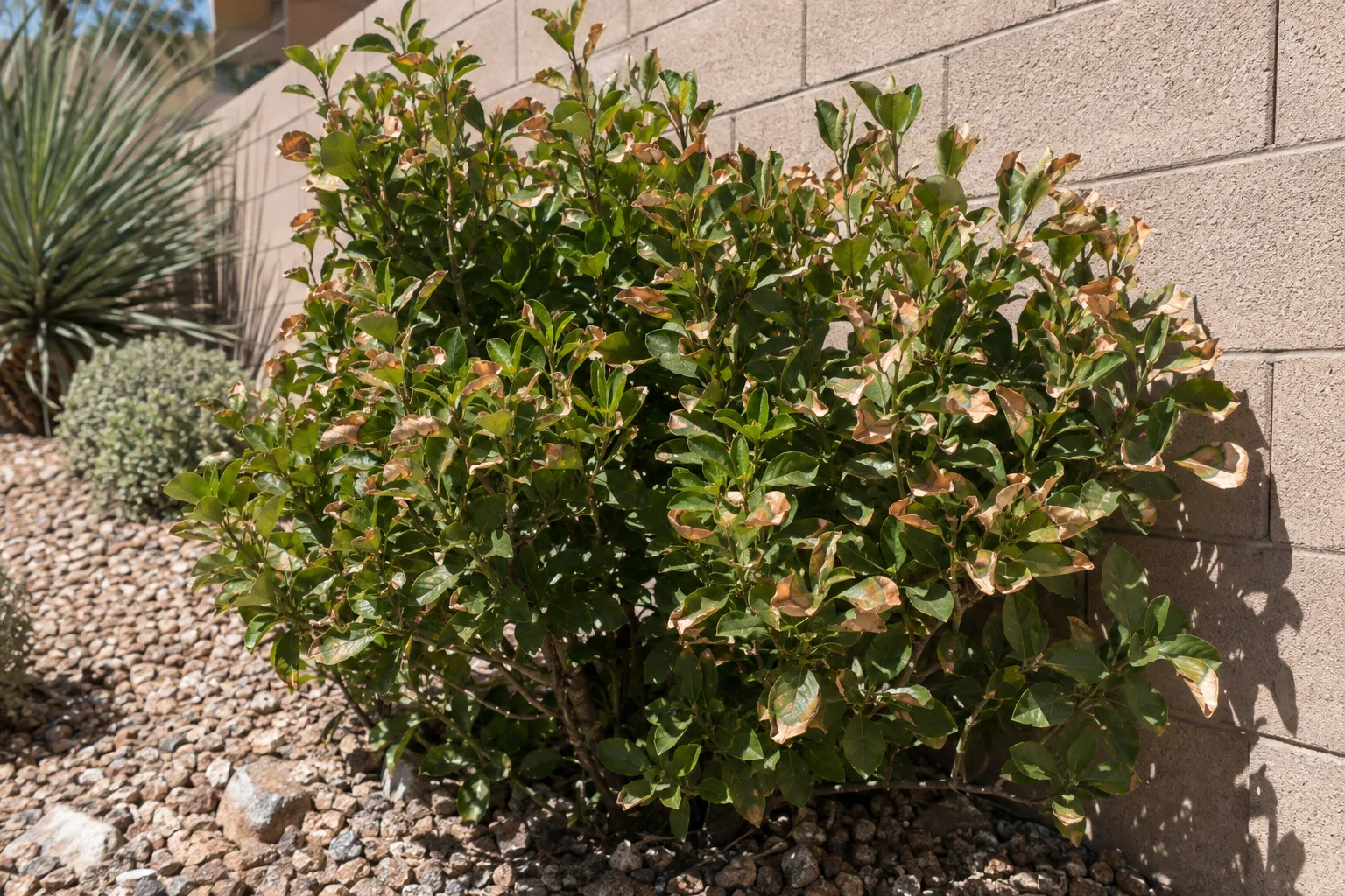 Scorched brown leaf edges on a shrub against a sunny block wall
