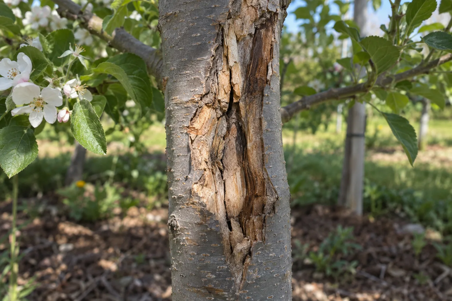 Vertical bark split and discolored sunscald patch on the trunk of a young fruit tree