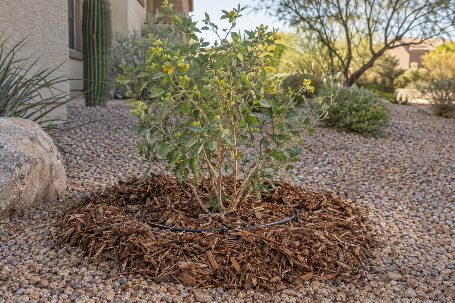 Drip tubing and emitter beside a young shrub under a layer of mulch