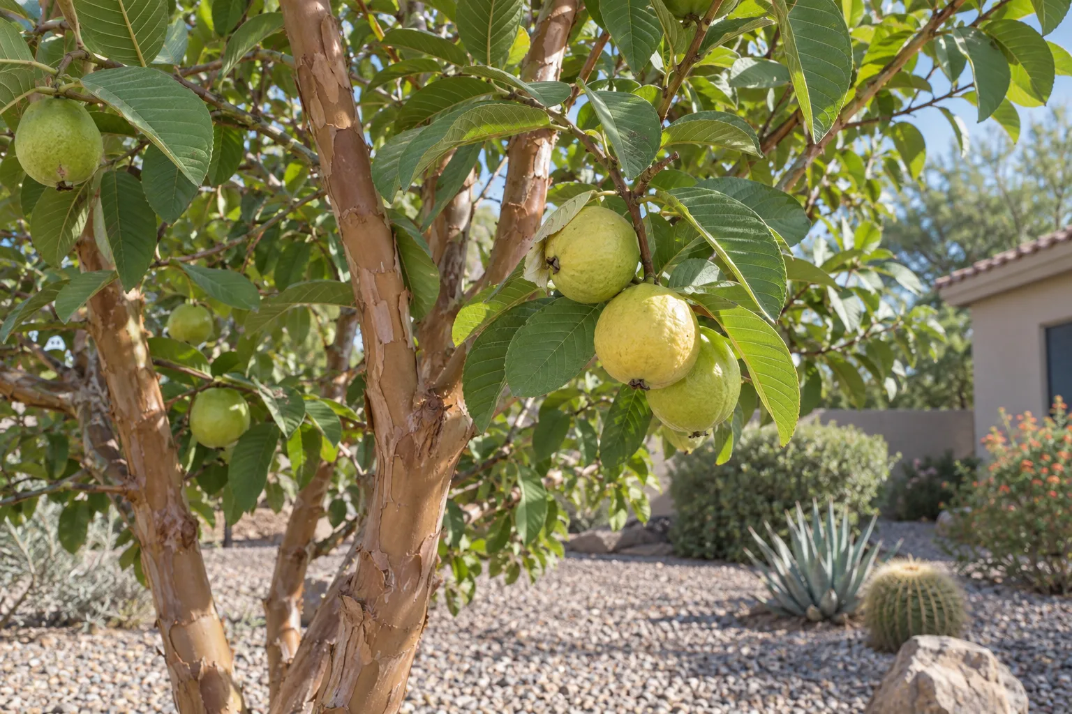 Taiwan Red guava tree with rounded pale yellow-green fruit, veined oval leaves and peeling bark