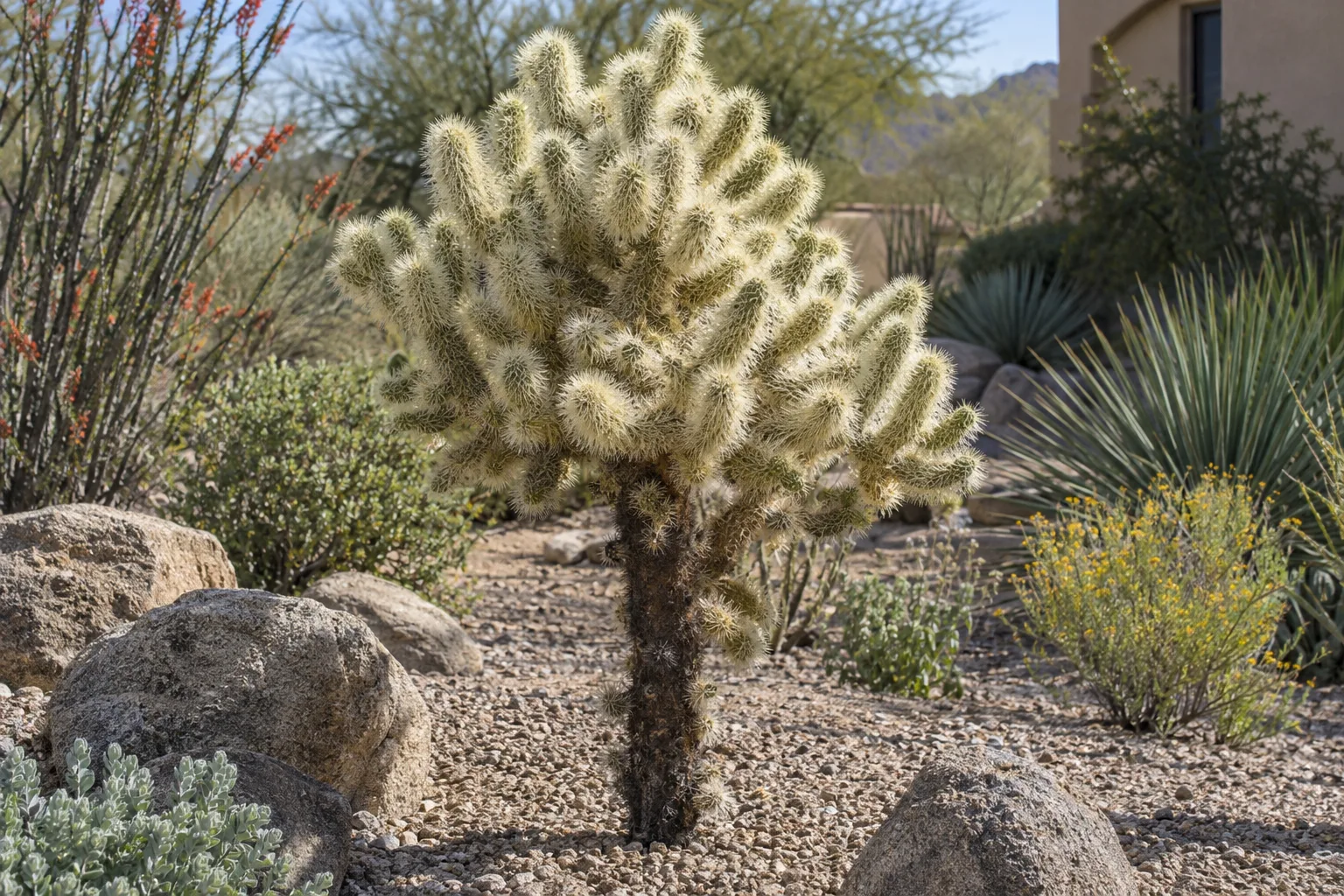 Teddy bear cholla with dense silvery-gold spines on stubby joints above a dark trunk in gravel