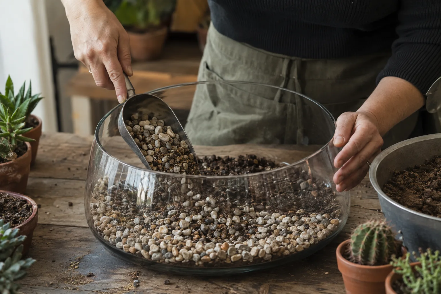 Hands layering gravel and cactus mix inside a wide glass terrarium bowl