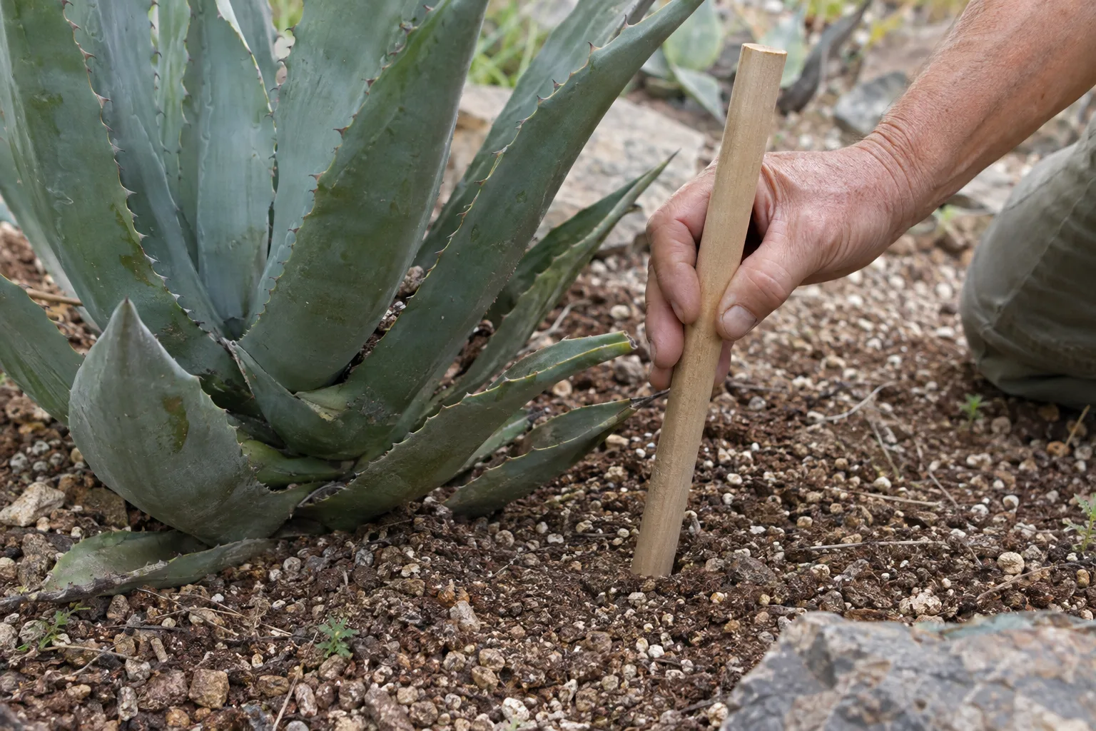 Wooden dowel being pushed into gritty soil to test moisture near a young agave