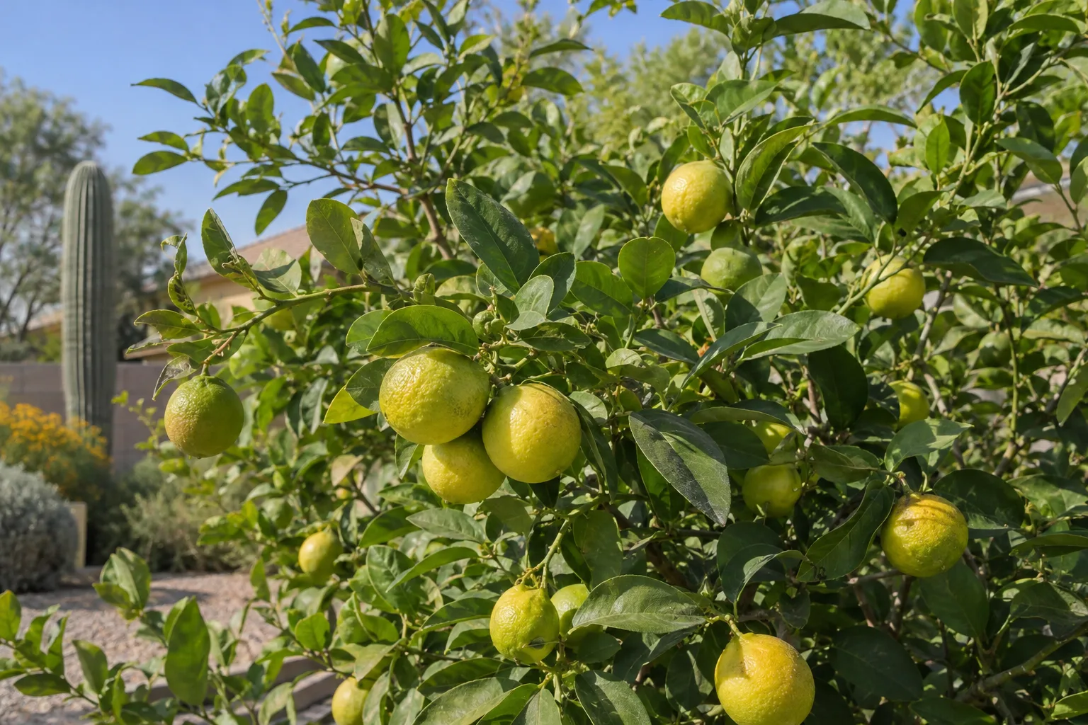 Thornless Mexican lime tree with clusters of small round green key limes on smooth twigs