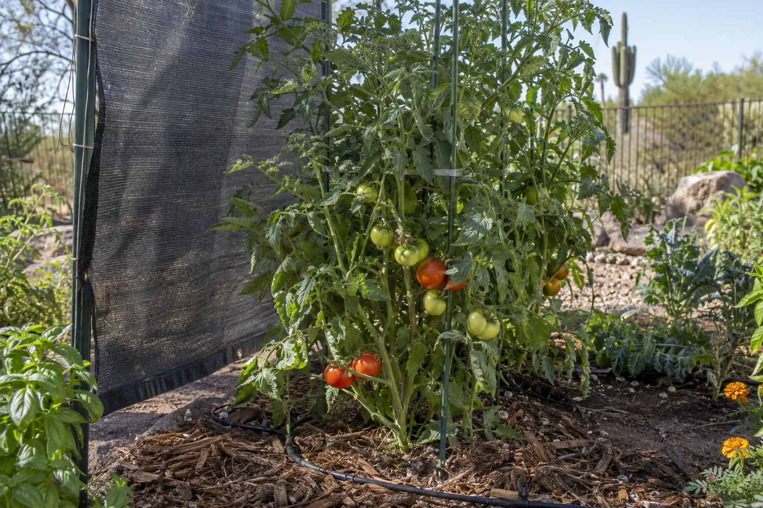 Mulched tomato plant with drip irrigation and a shade cloth panel in a desert garden