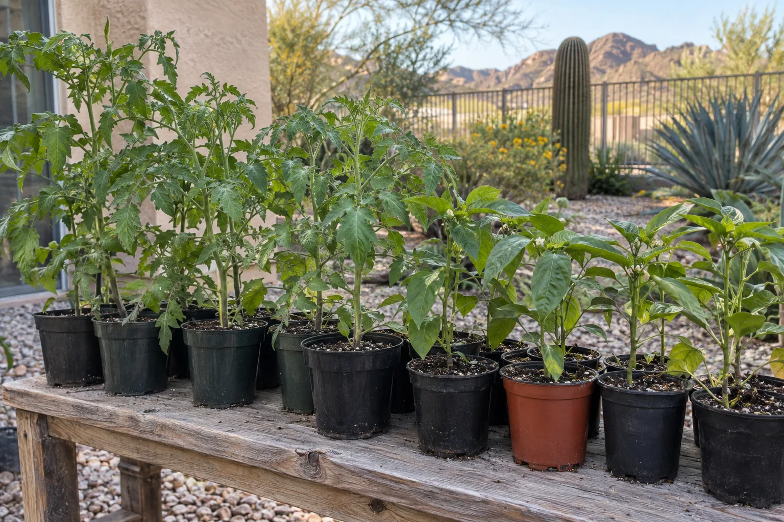 Tomato and pepper transplants in black pots lined up in bright filtered light