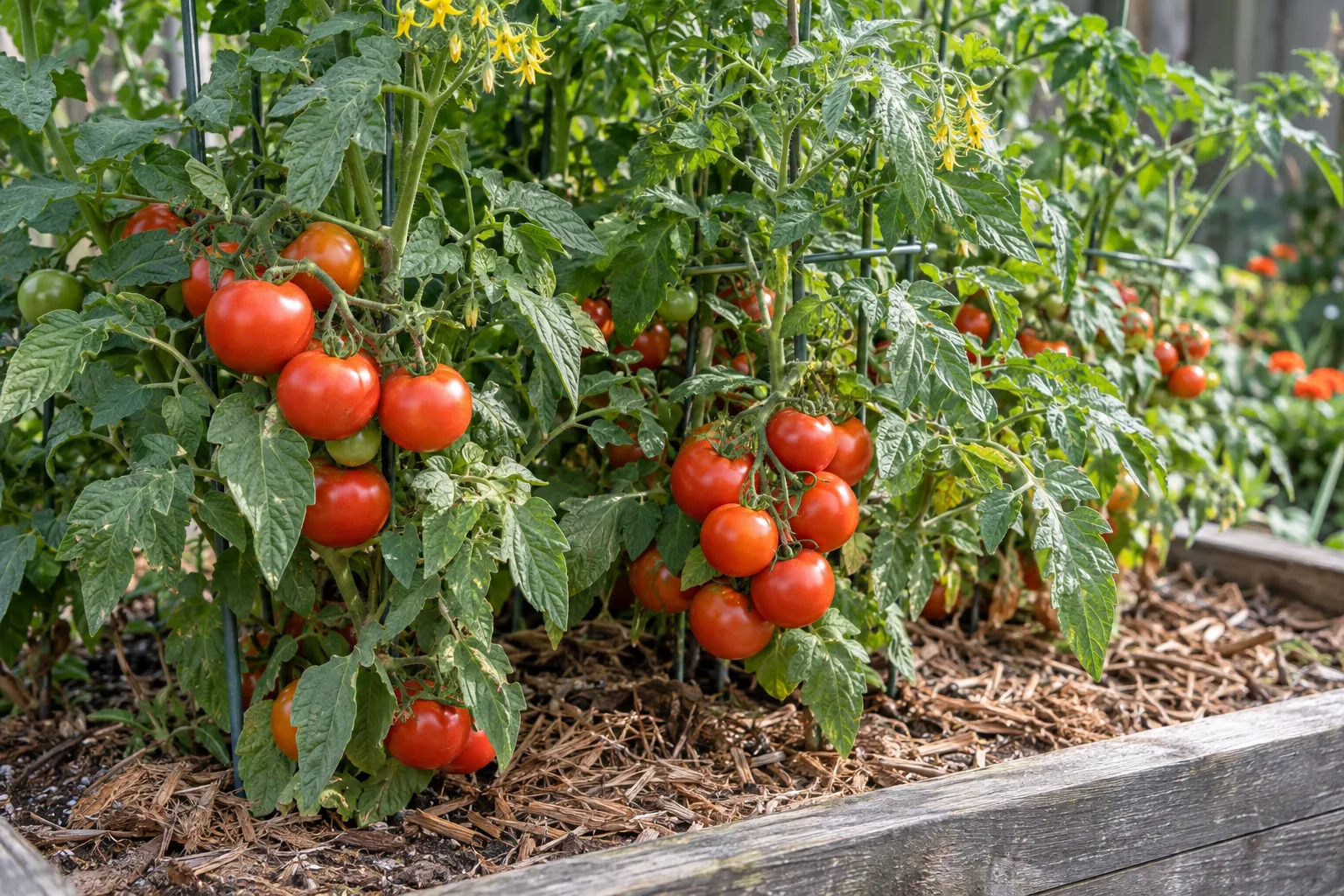 Ripe red tomatoes ripening on staked plants in a mulched raised garden bed