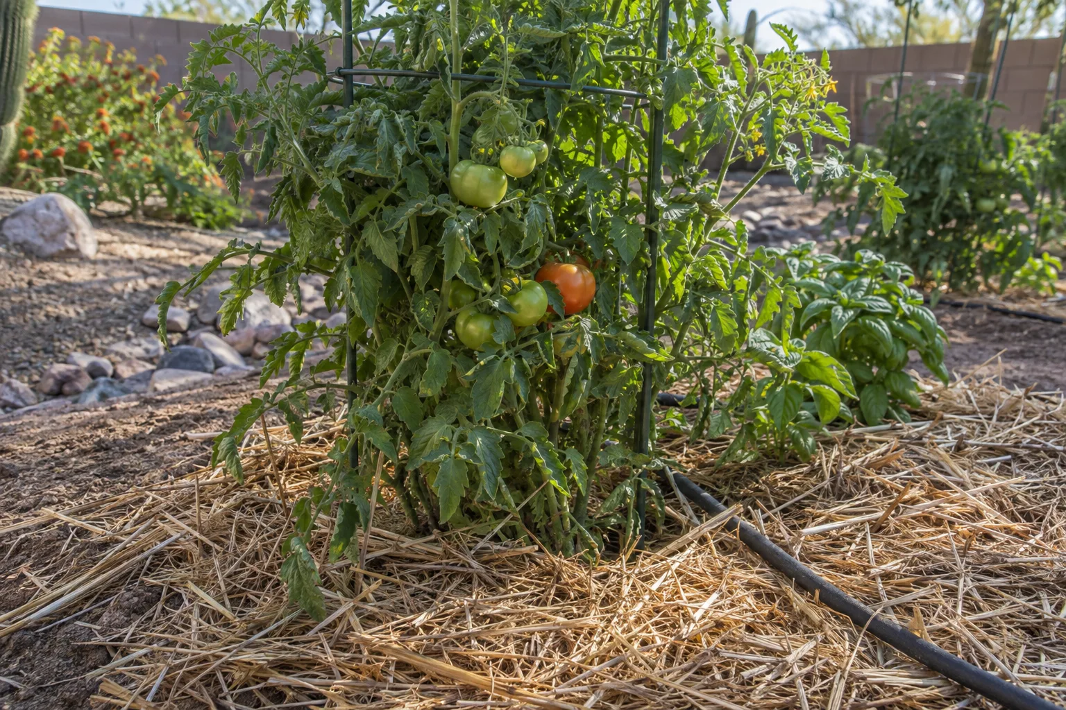 Straw mulch spread around a tomato plant base with a drip emitter running beside the stem