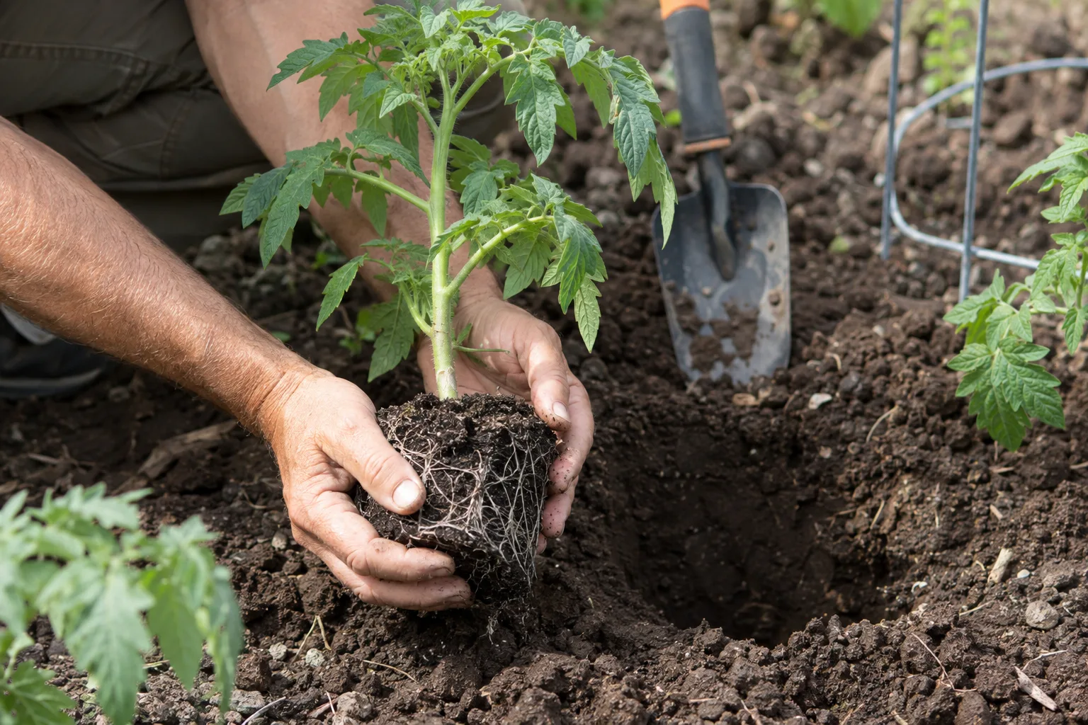 Gardener holding a stocky tomato transplant above a freshly dug planting hole in desert soil
