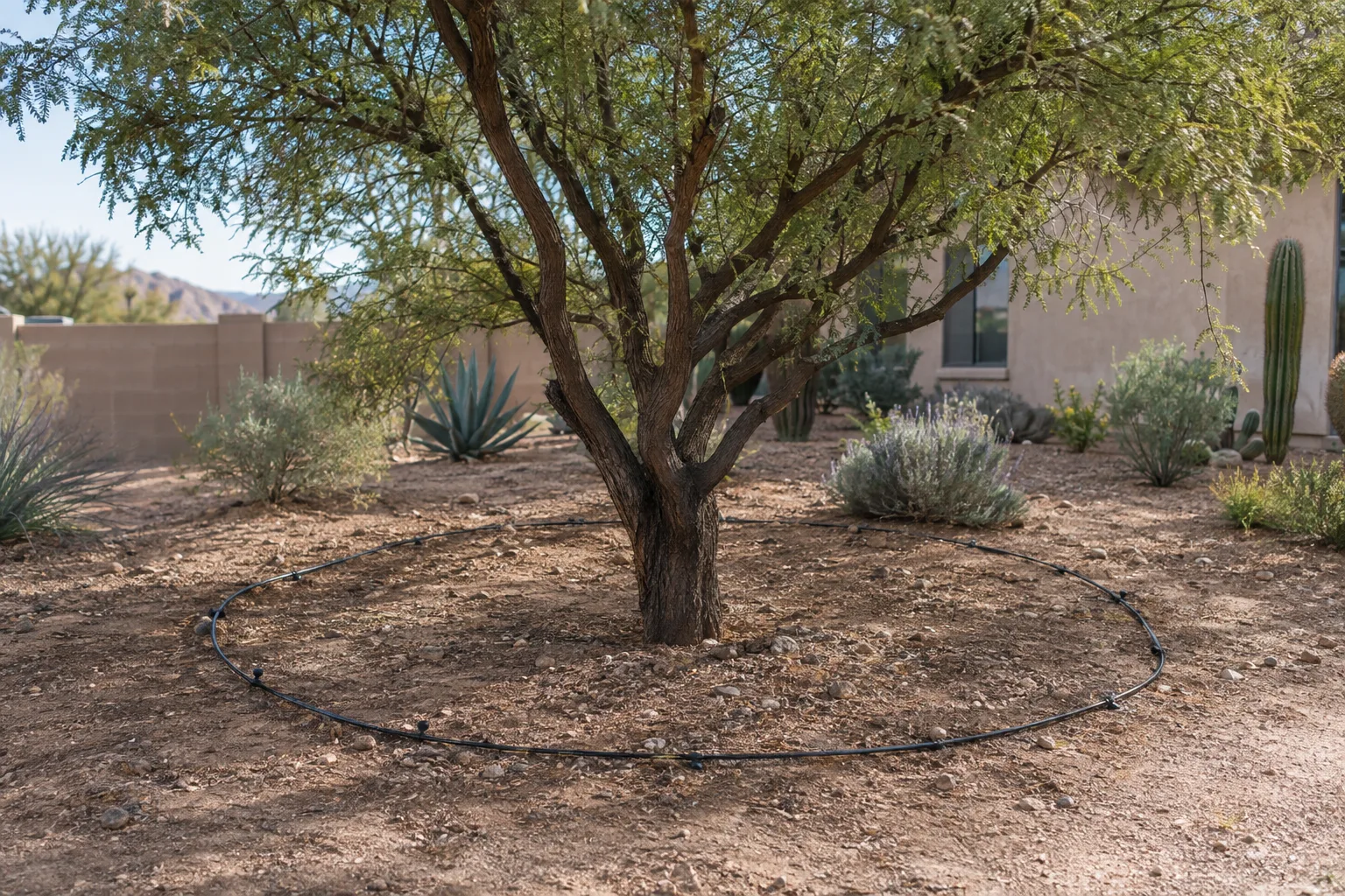 Drip emitters positioned at the canopy edge of a mature shade tree in Queen Creek