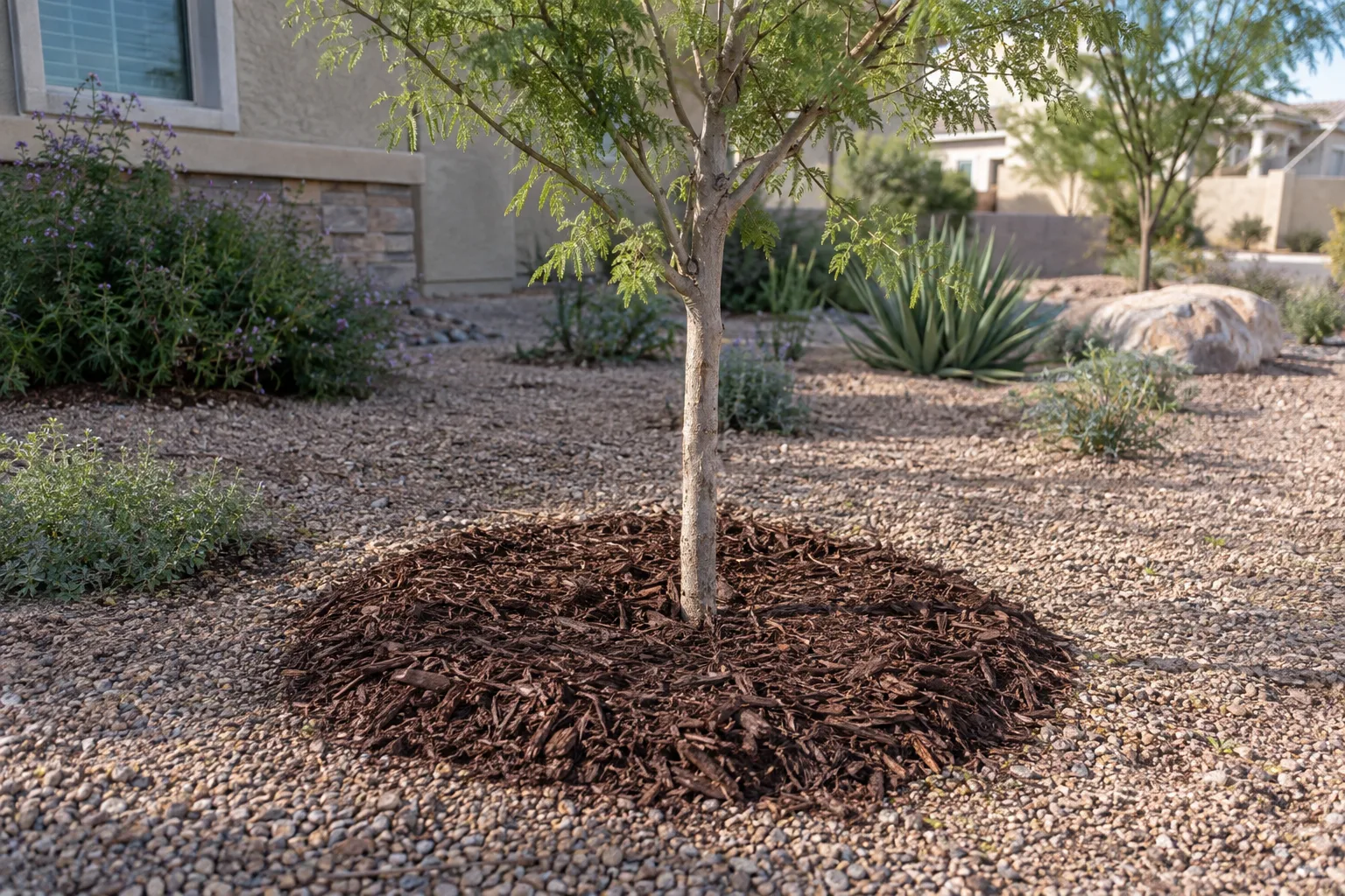 Shredded wood mulch ringed around a young tree with space left at the trunk in Queen Creek
