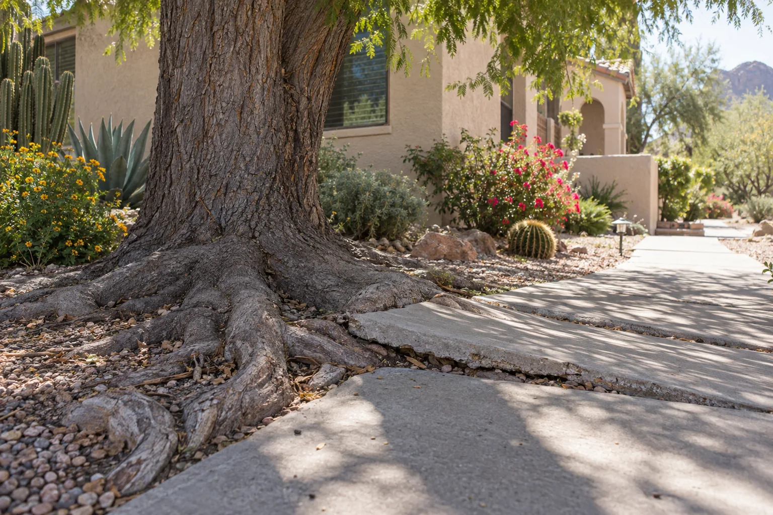 Surface tree roots cracking a concrete sidewalk beside a stucco house in an East Valley neighborhood
