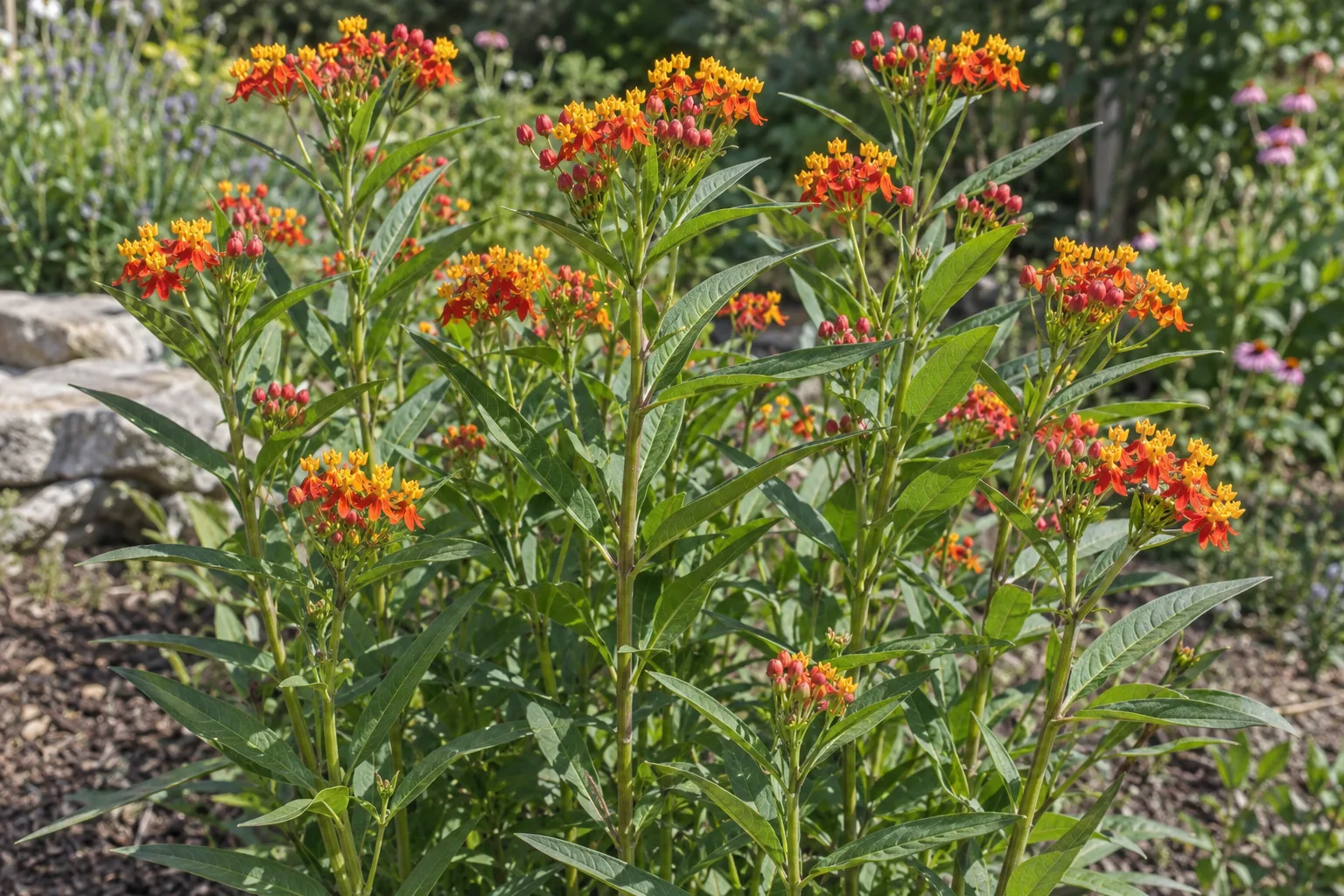 Tropical milkweed with red-orange and yellow flower clusters on upright stems with narrow leaves