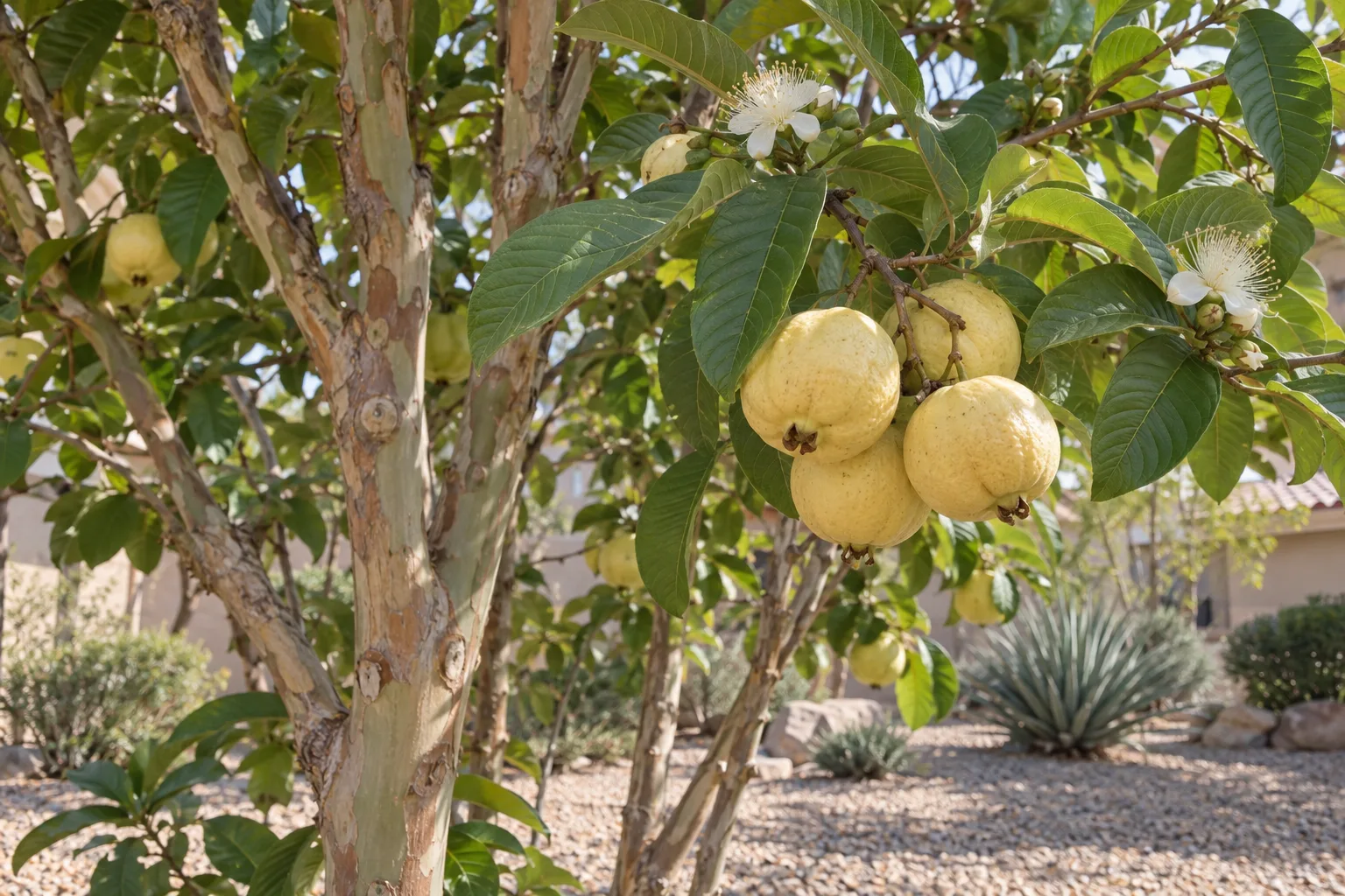 Tropical White guava tree with round pale yellow fruit, white flowers and peeling bark