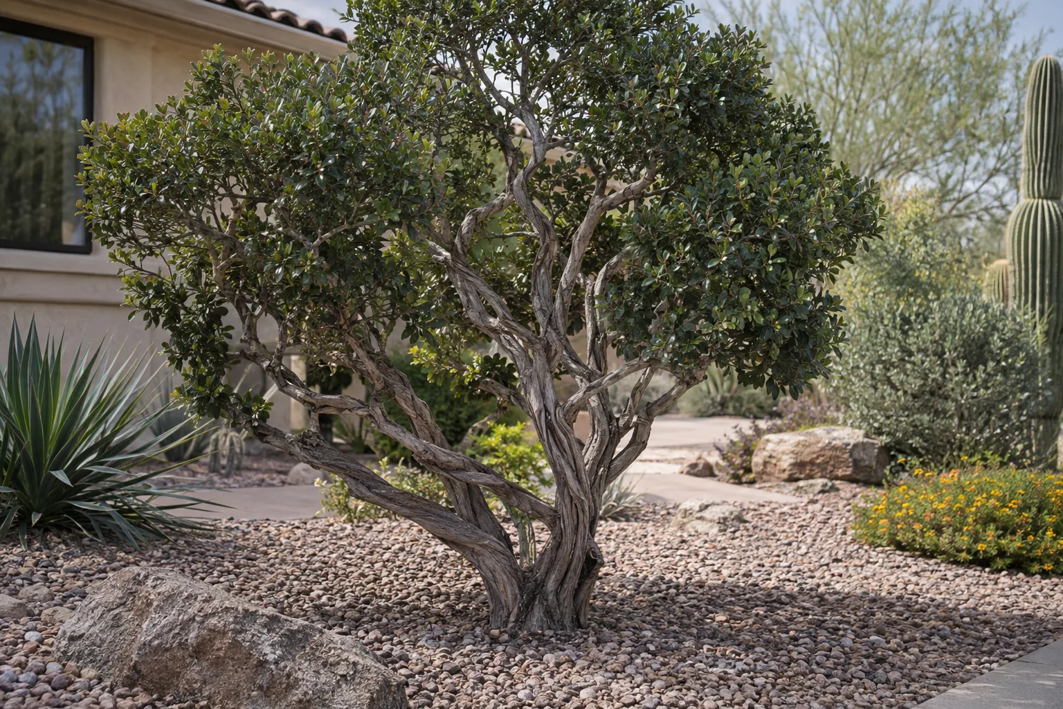 Mature twisted myrtle shrub with spiraling branches and small dark green leaves in a gravel bed