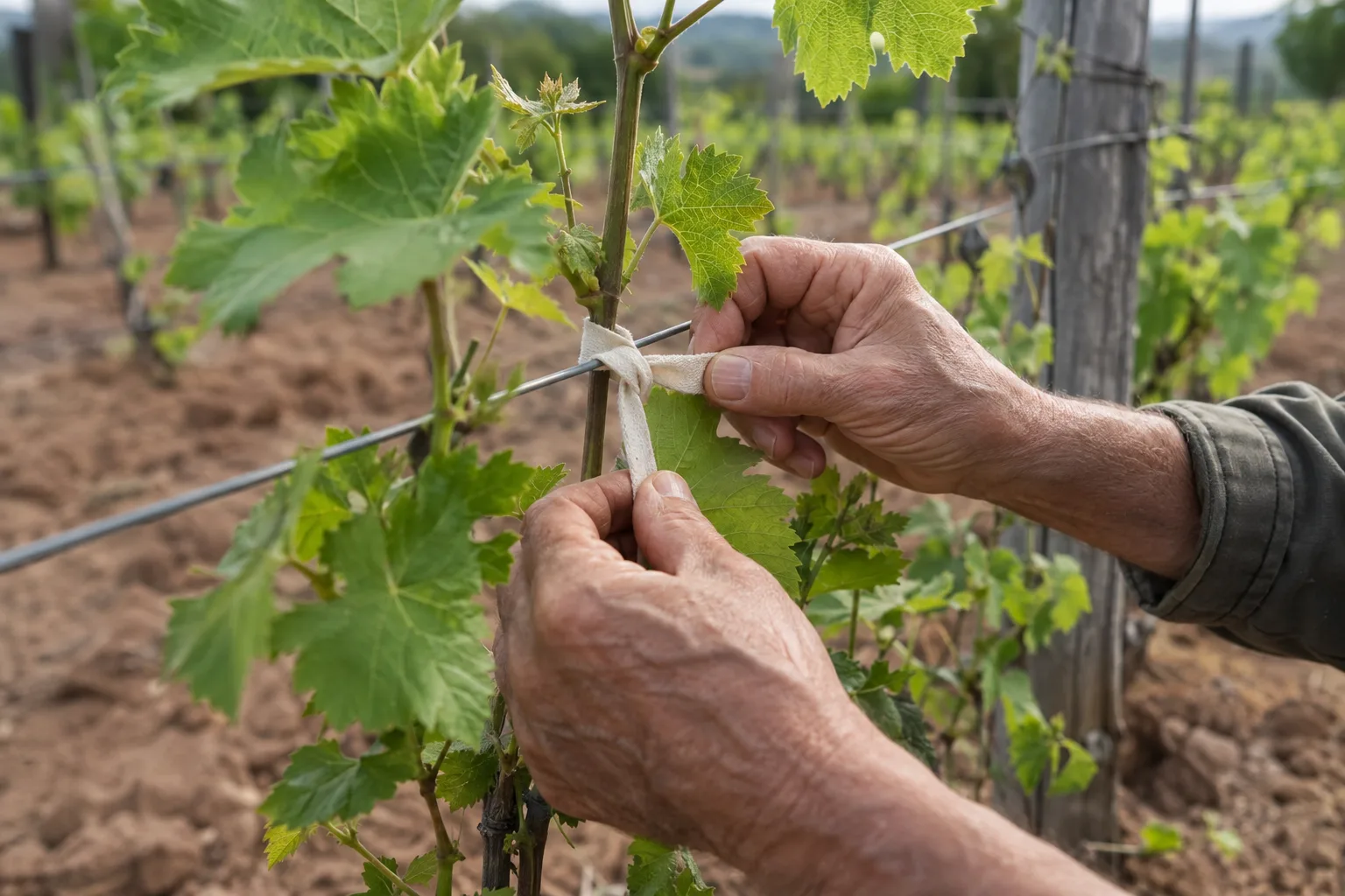 Gardener tying a new grape shoot to a trellis wire with a soft tie
