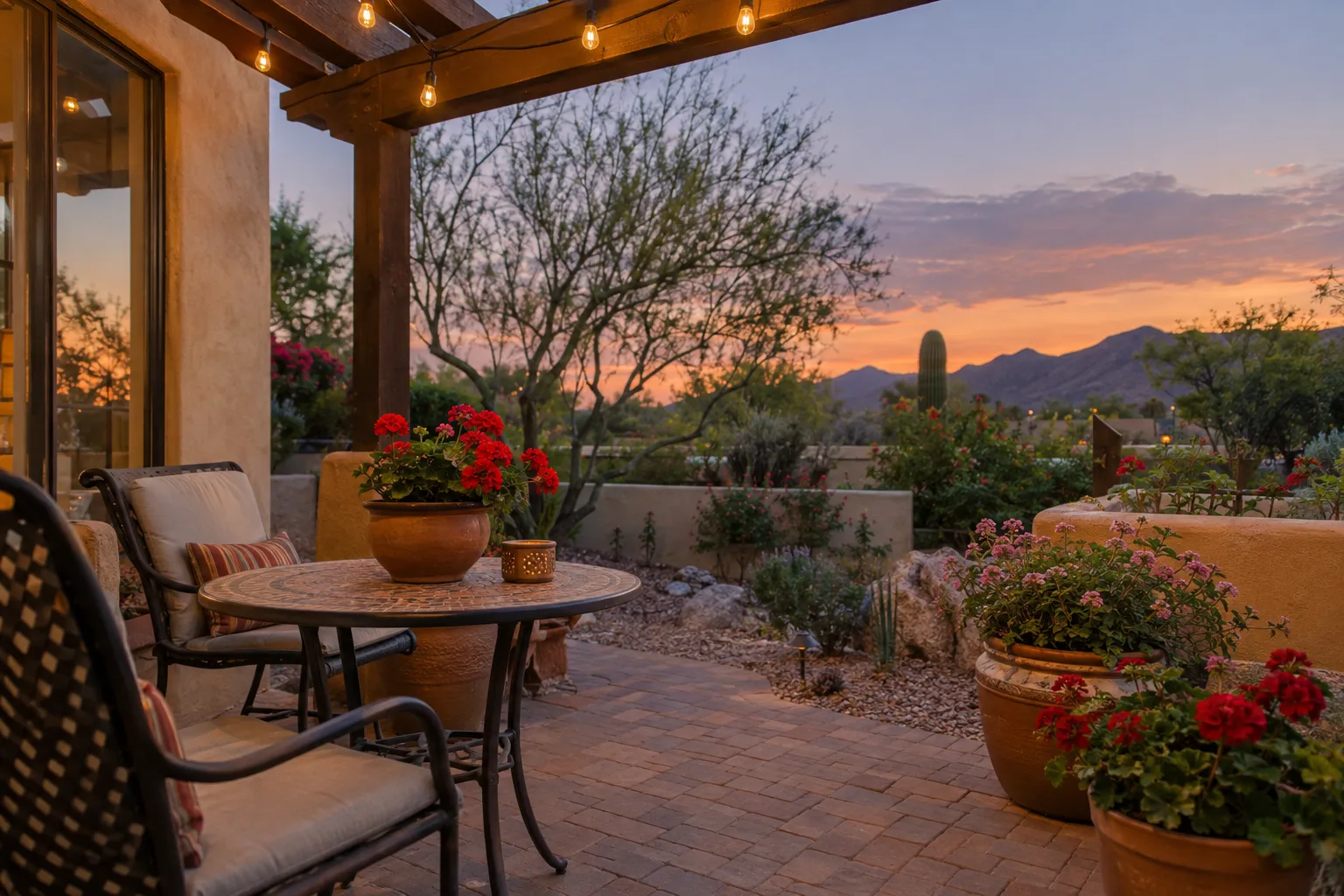 Patio set for Valentine's evening with string lights and pots of red and pink winter flowers