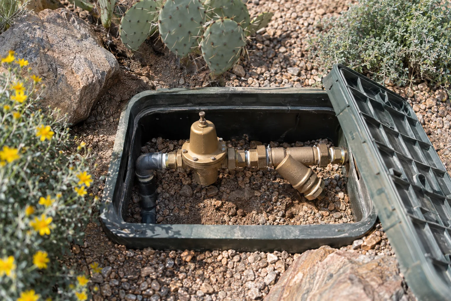 Open valve box showing a pressure regulator and Y-filter on a drip zone
