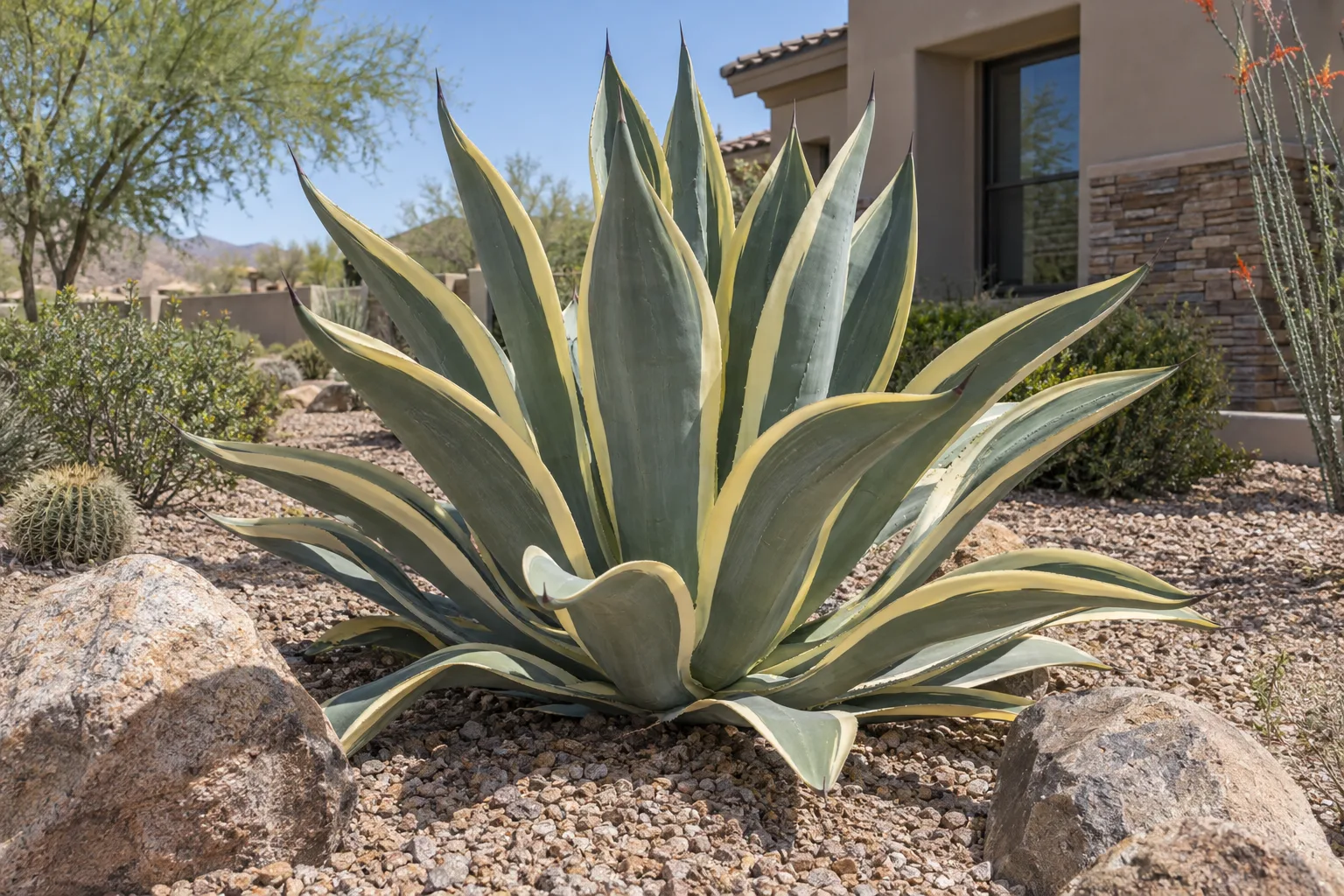 Variegated Weber agave with large arching blue-green leaves edged in creamy yellow in a gravel yard