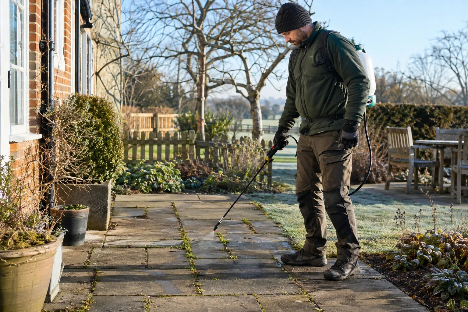 Gardener using a pump sprayer on small weeds growing between concrete pavers on a walkway