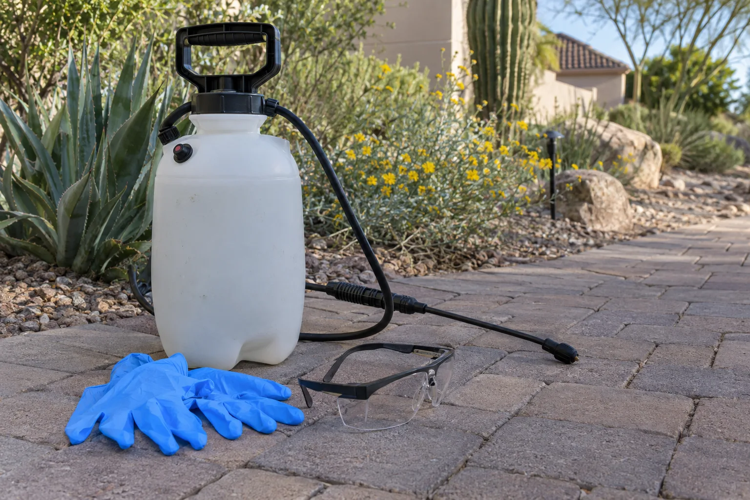 Pump sprayer, safety glasses and gloves set out on a paver walkway before treating weeds