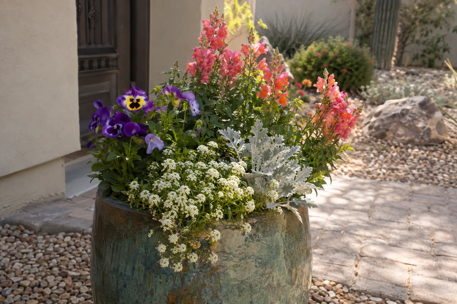 Mixed winter container of violas, snapdragons, alyssum and silver dusty miller at Desert Horizon Nursery in Queen Creek